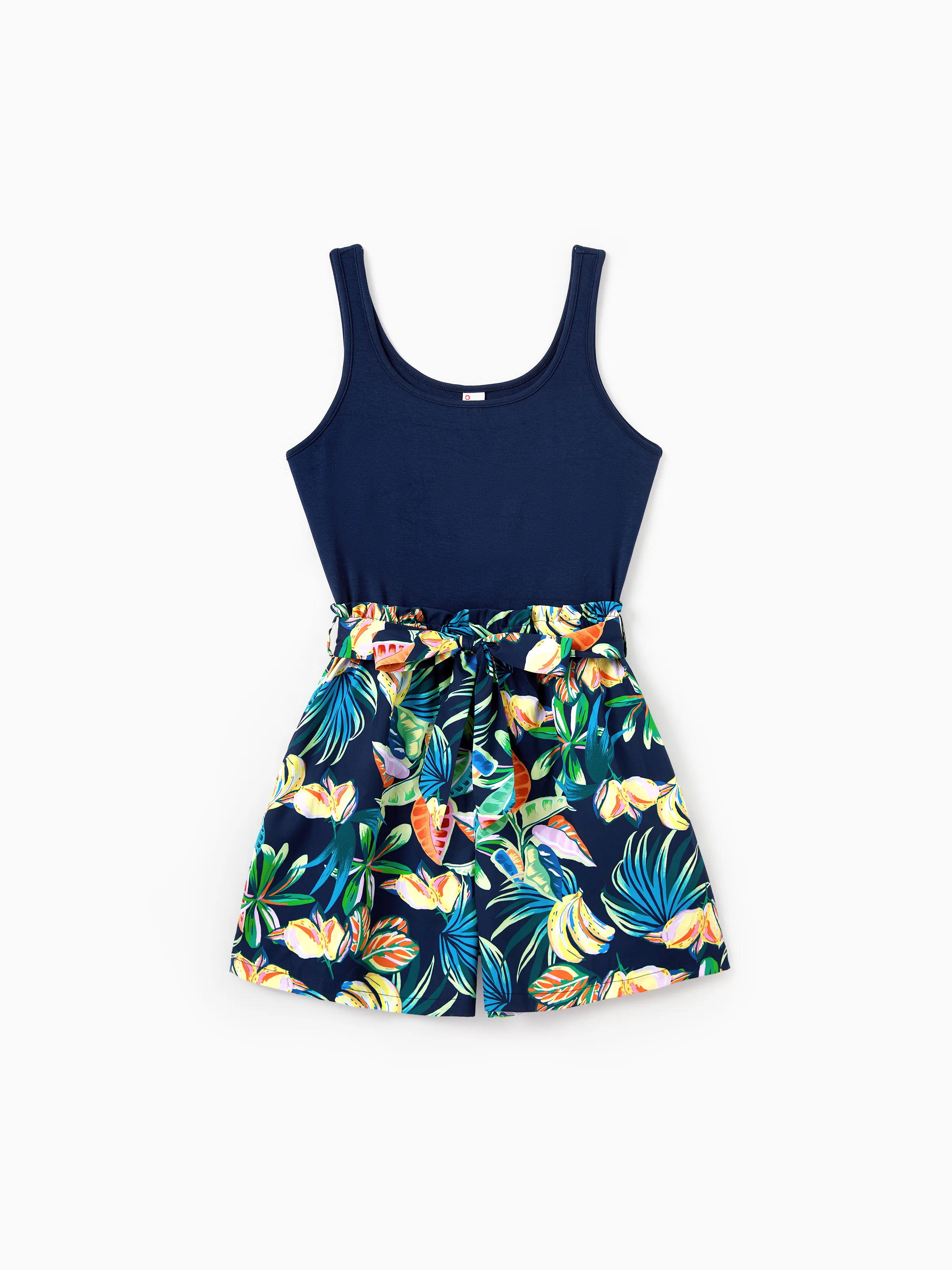 Mommy and Me Tropical Leaves Print Sleeveless Rompers with Belted Shorts Matching Set Deep Blue - Image 2
