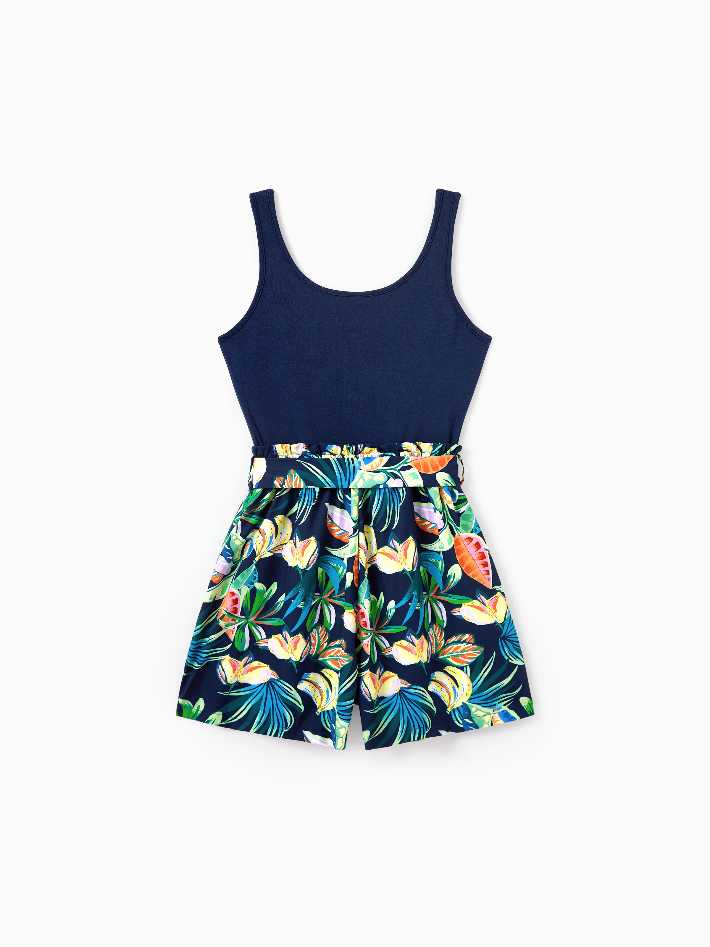 Mommy and Me Tropical Leaves Print Sleeveless Rompers with Belted Shorts Matching Set Deep Blue - Image 3