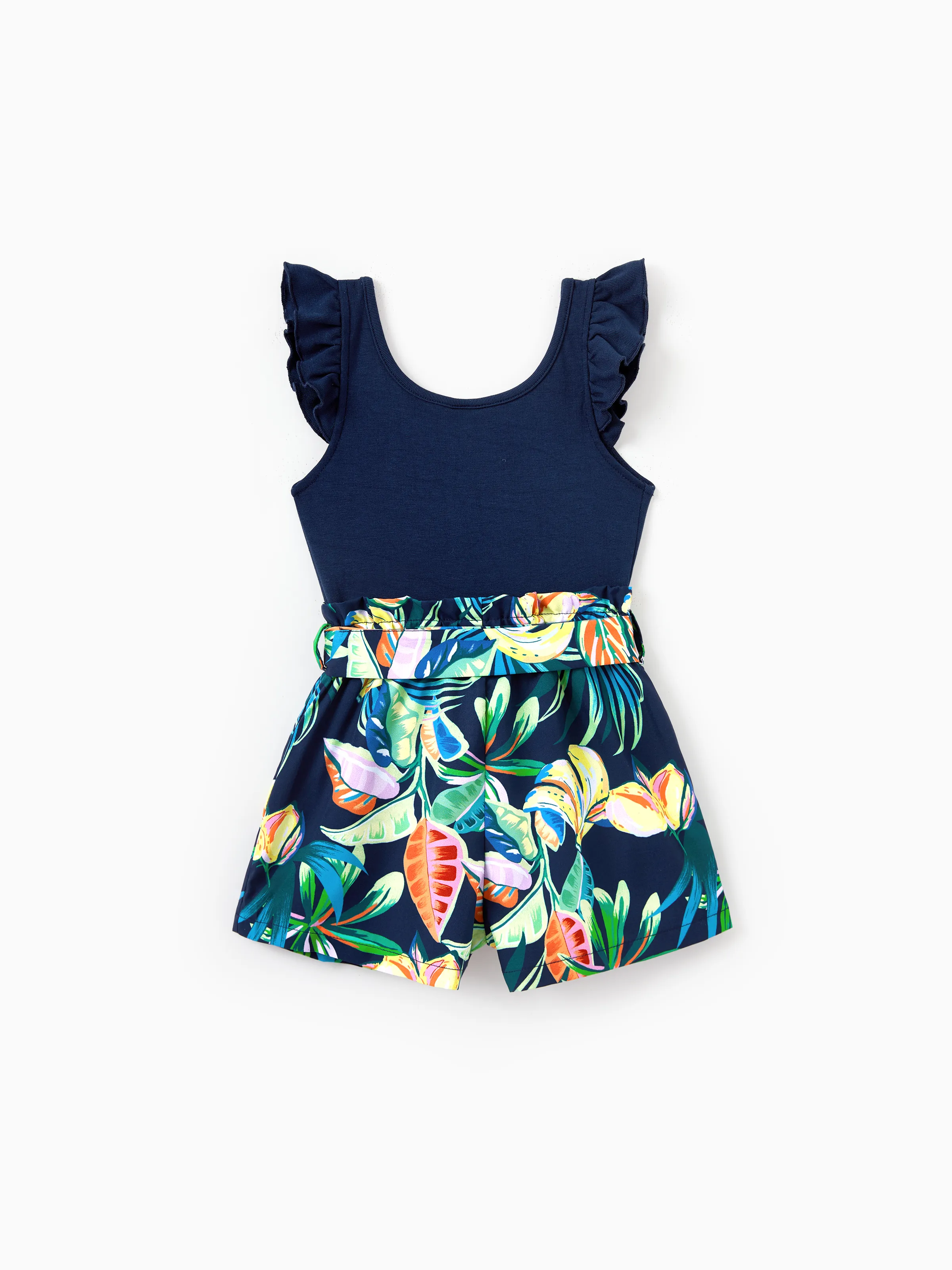 Mommy and Me Tropical Leaves Print Sleeveless Rompers with Belted Shorts Matching Set Deep Blue - Image 8