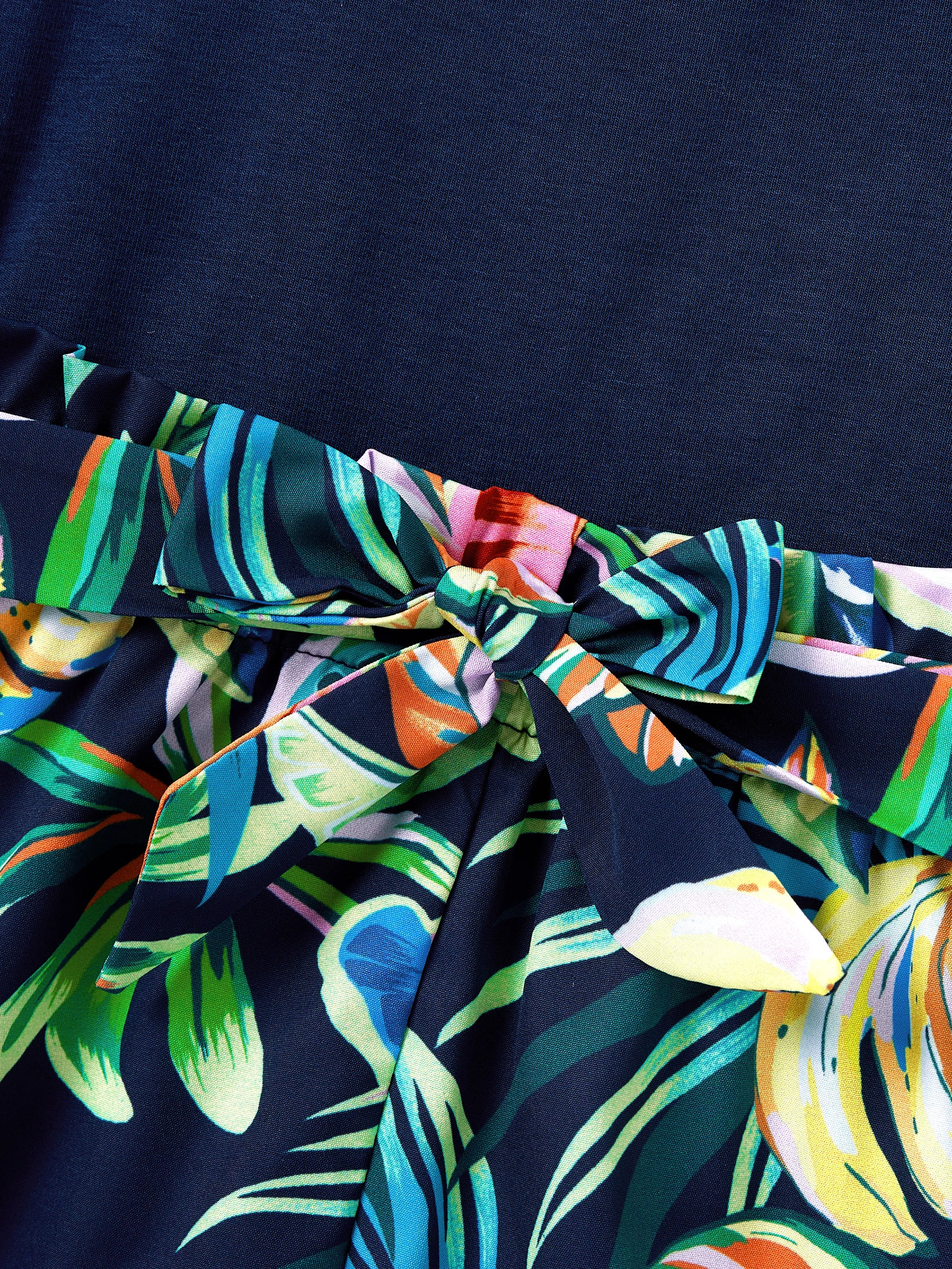 Mommy and Me Tropical Leaves Print Sleeveless Rompers with Belted Shorts Matching Set Deep Blue - Image 9