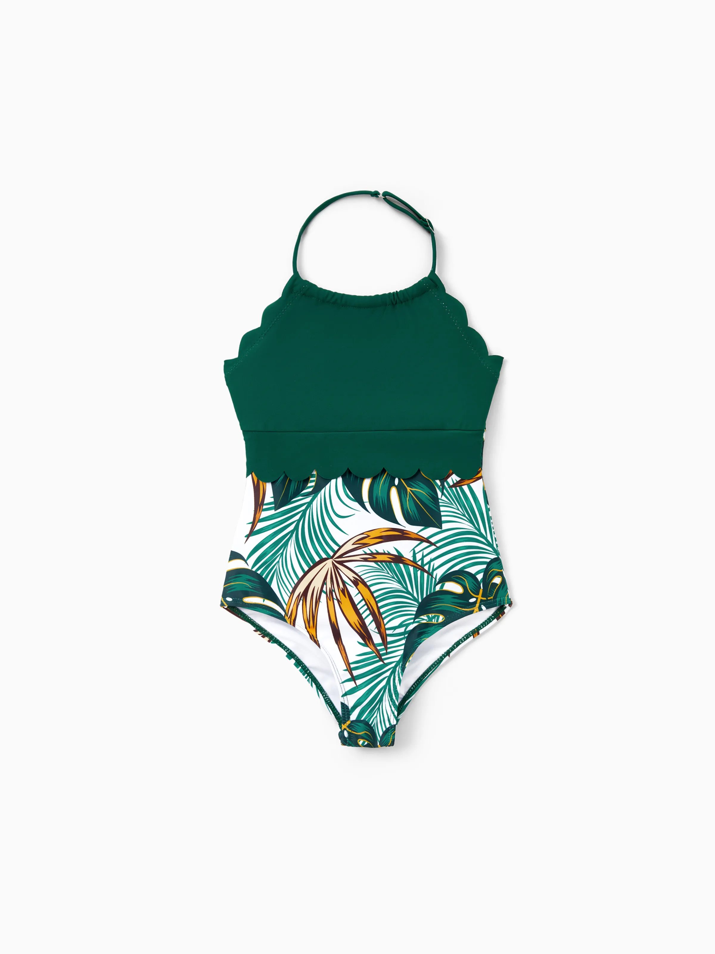 Mommy & me Allover Plants Print V Neck Spaghetti Strap Splicing One-Piece Swimsuit Dark Green - Image 10