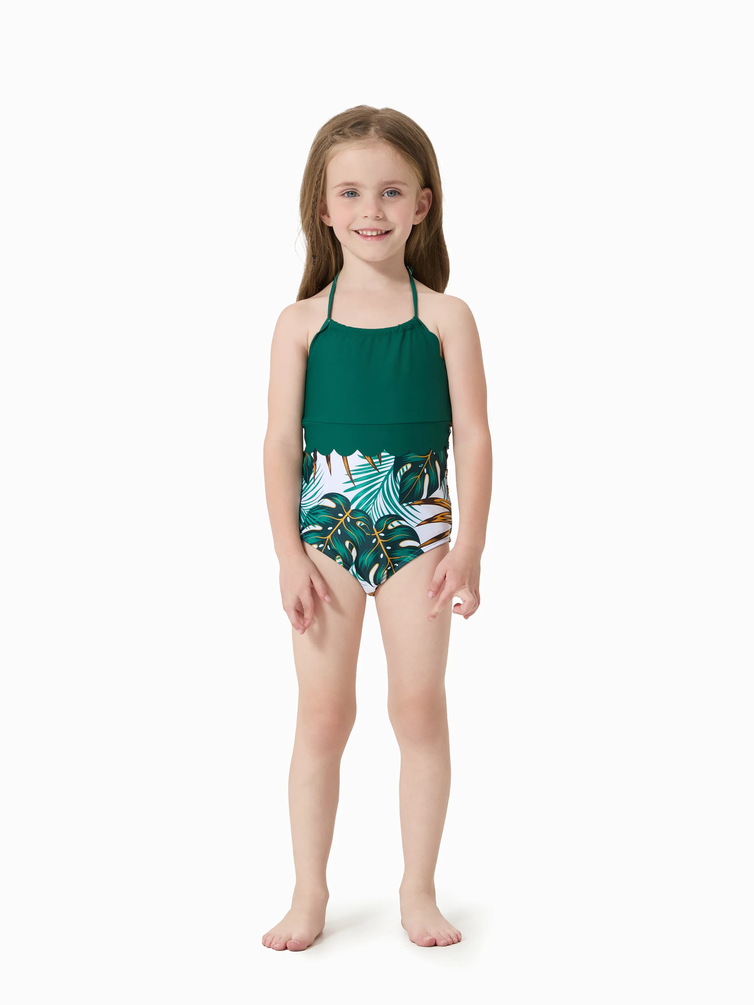 Mommy & me Allover Plants Print V Neck Spaghetti Strap Splicing One-Piece Swimsuit Dark Green - Image 8
