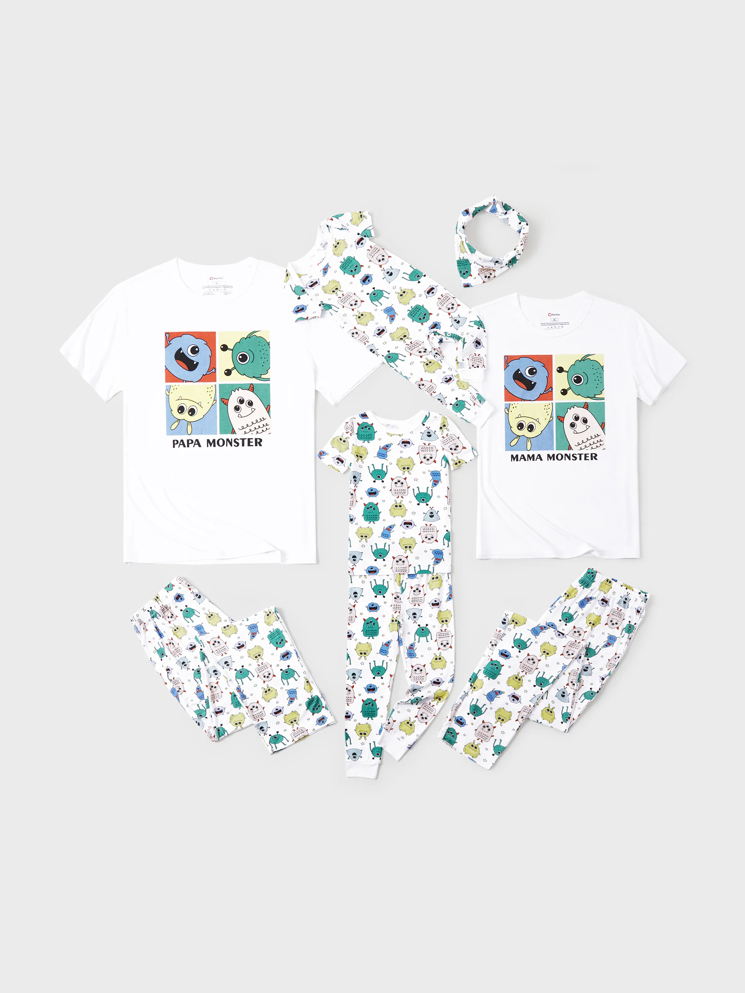 Mommy & me Bamboo Family Pajamas Cute Little Monster Print Short-sleeve Matching Pajama Set ( Snug-Fitting for Children ) White - Image 2