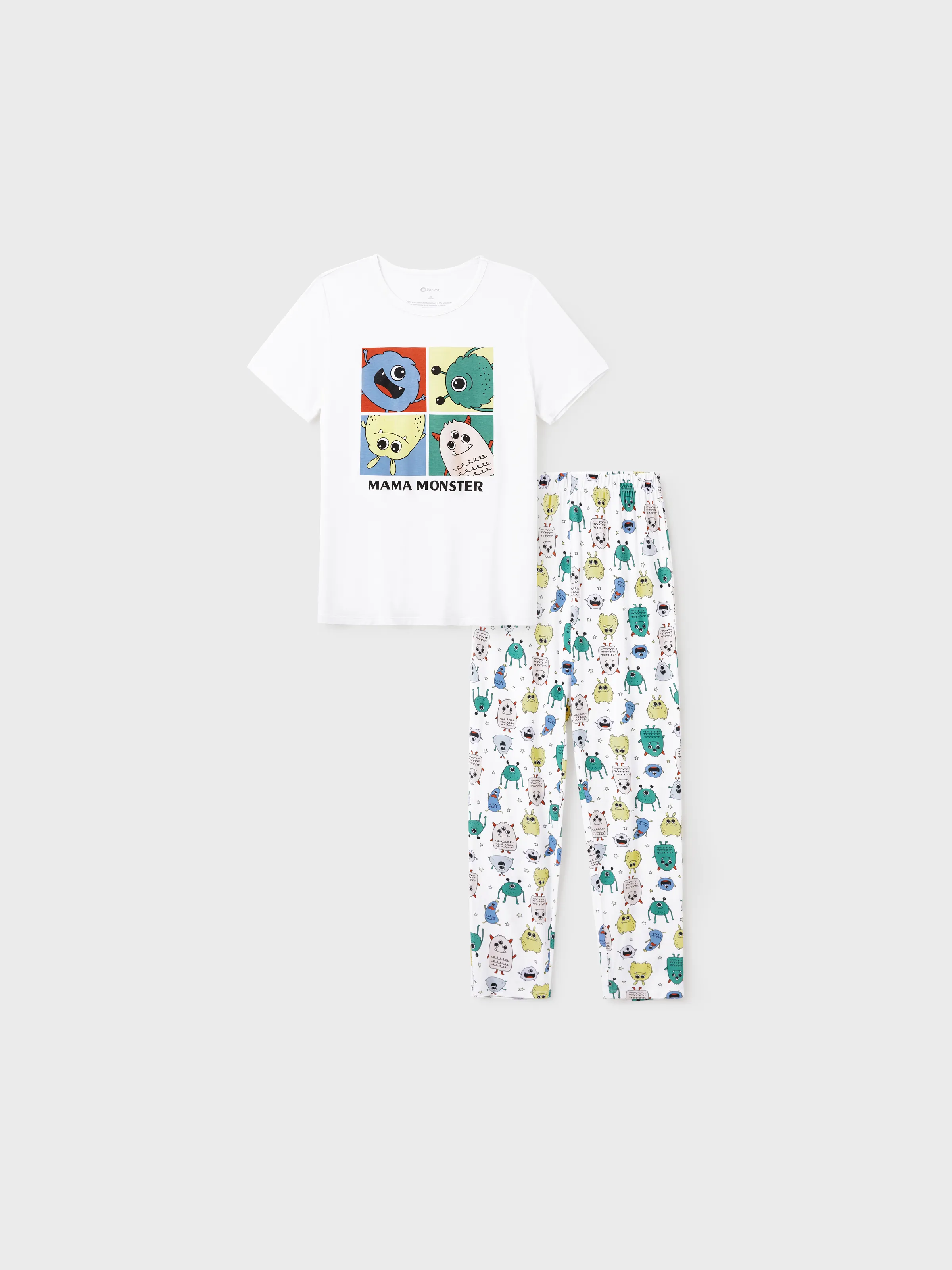 Mommy & me Bamboo Family Pajamas Cute Little Monster Print Short-sleeve Matching Pajama Set ( Snug-Fitting for Children ) White - Image 3