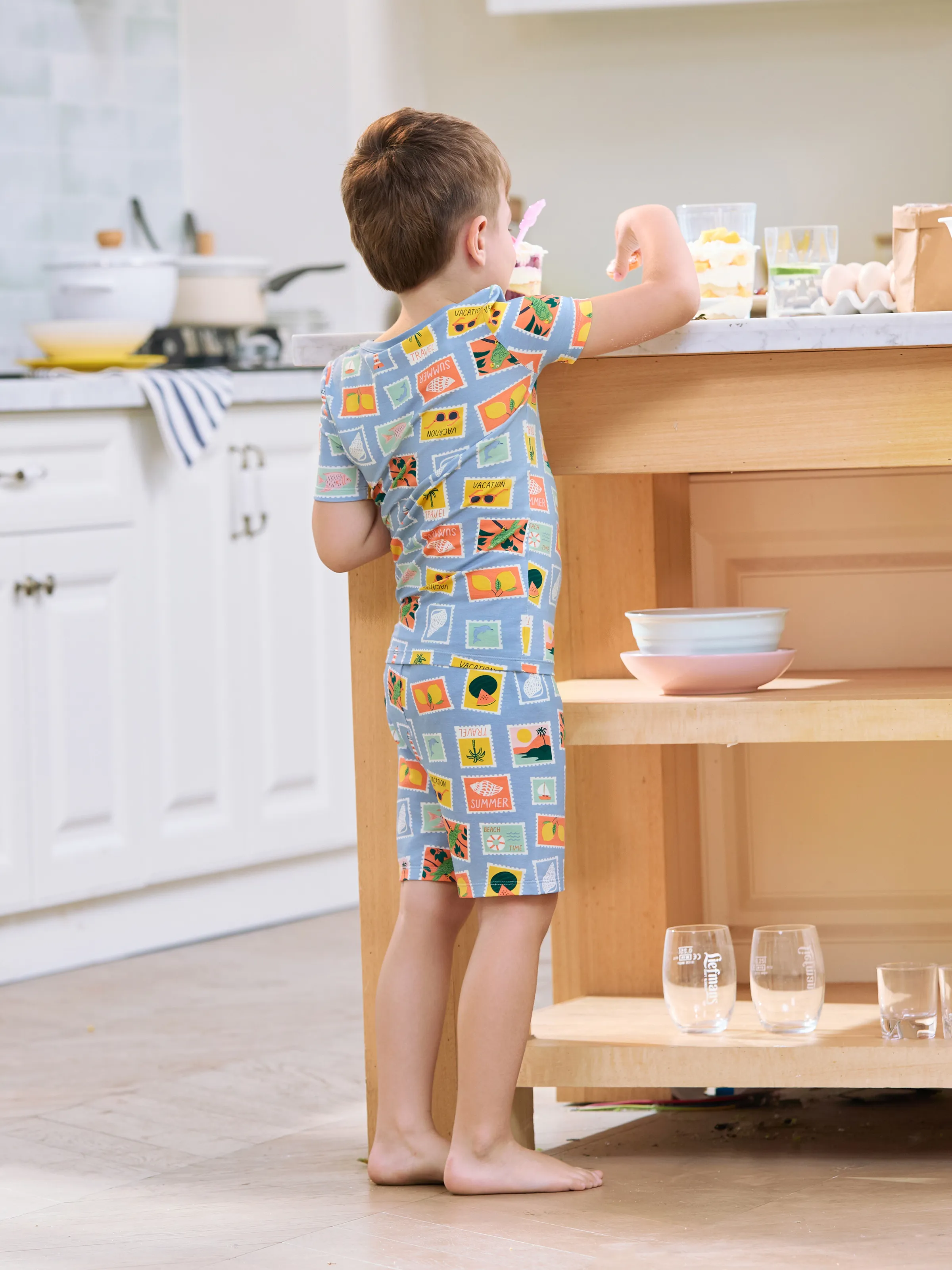Mommy & me Bamboo Family Pajamas Vacation Theme Print Short-sleeve Matching Pajama set (Snug-Fitting for Children) Color block - Image 9