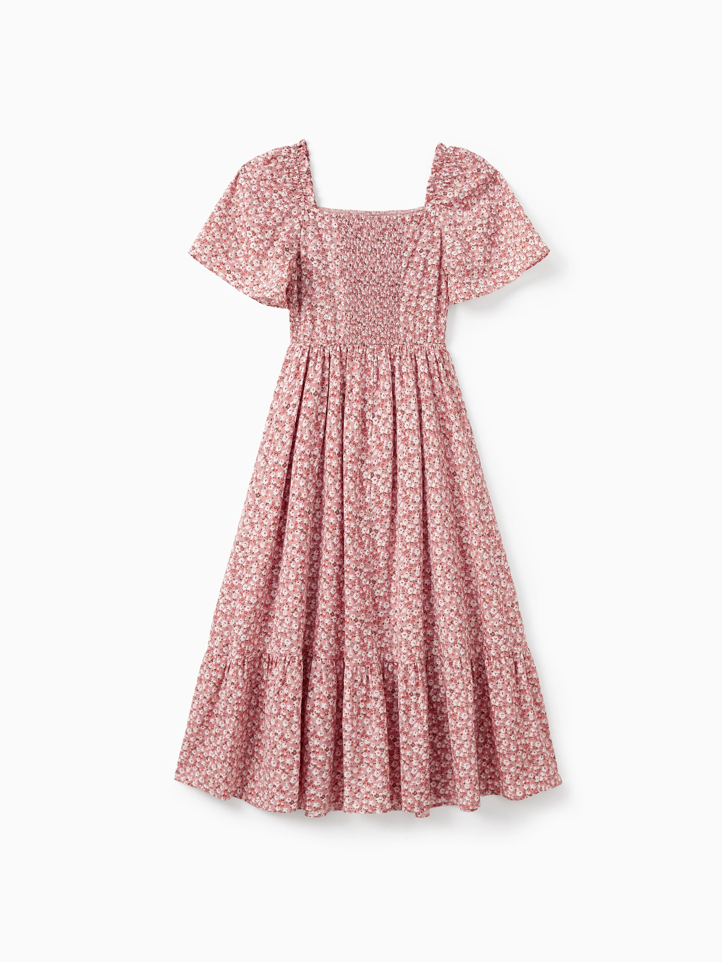 Mommy & me Blue Flora Print Smocking Puff-sleeve Dress Set Pink - Image 4