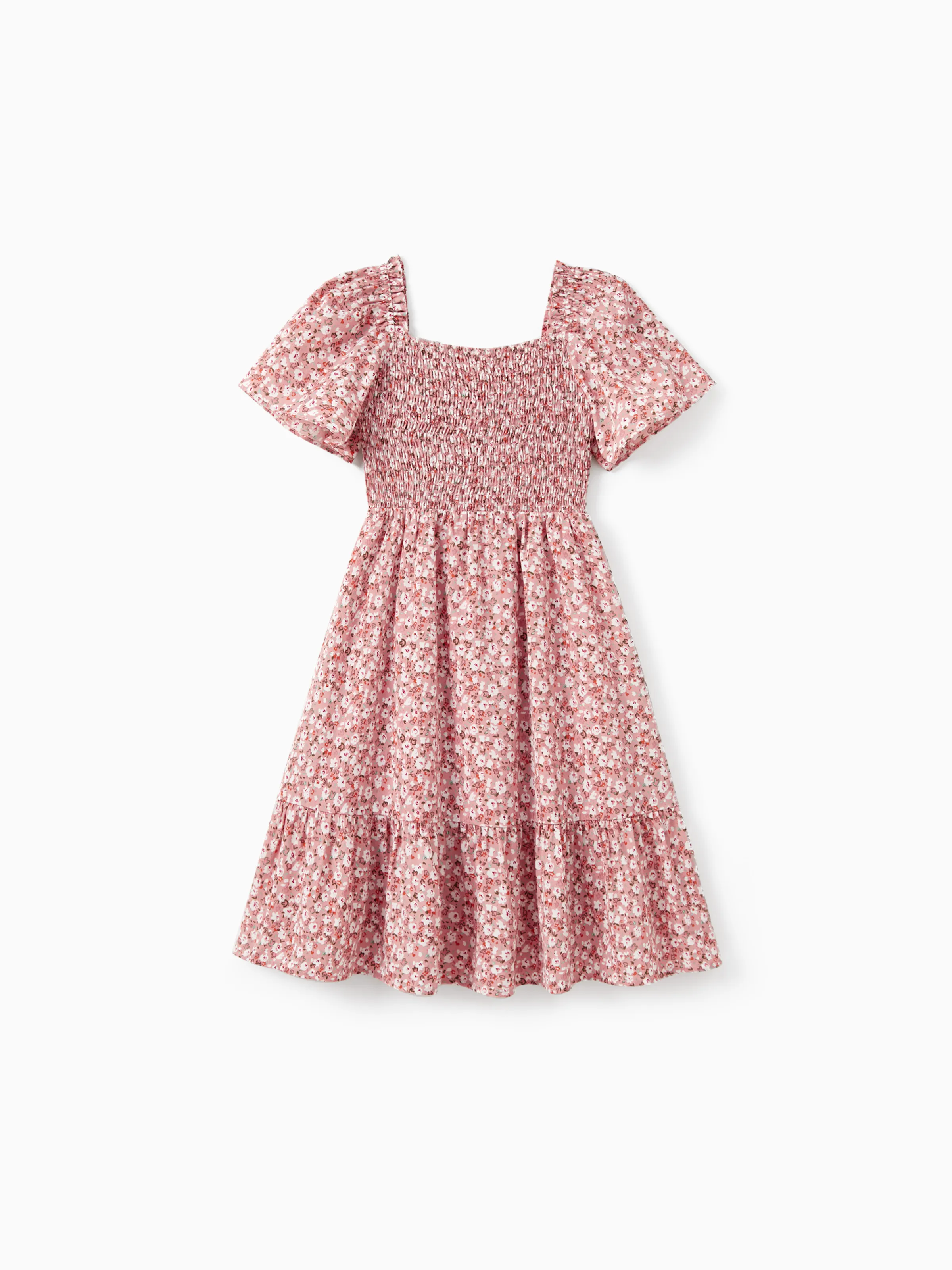 Mommy & me Blue Flora Print Smocking Puff-sleeve Dress Set Pink - Image 8