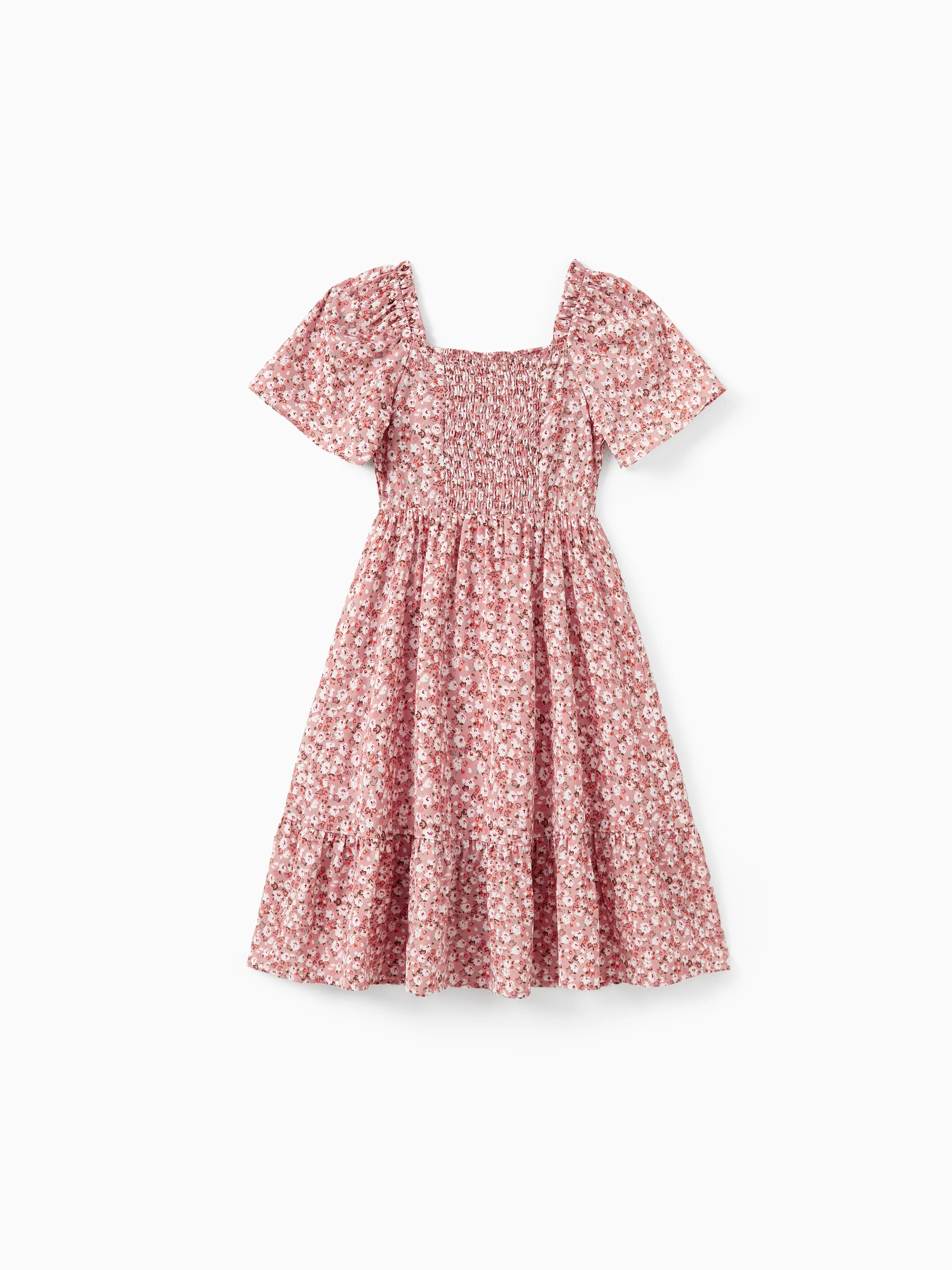 Mommy & me Blue Flora Print Smocking Puff-sleeve Dress Set Pink - Image 9