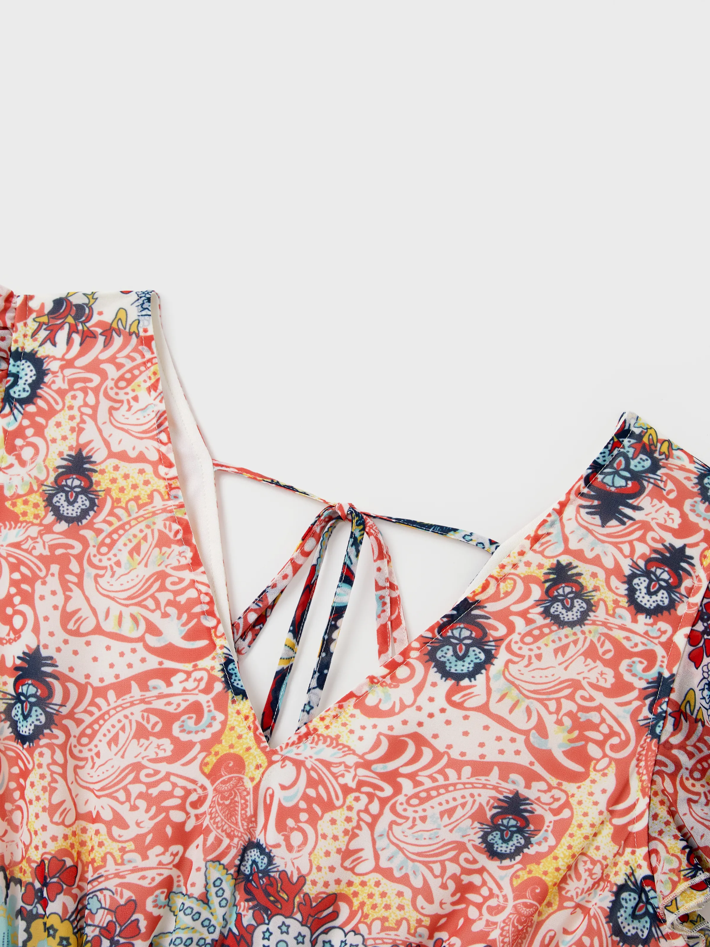 Mommy & me Casual Outfit Colorblock Polo Collar T-shirt or Floral Print Flutter Sleeveless Dress Set Orange red - Image 7
