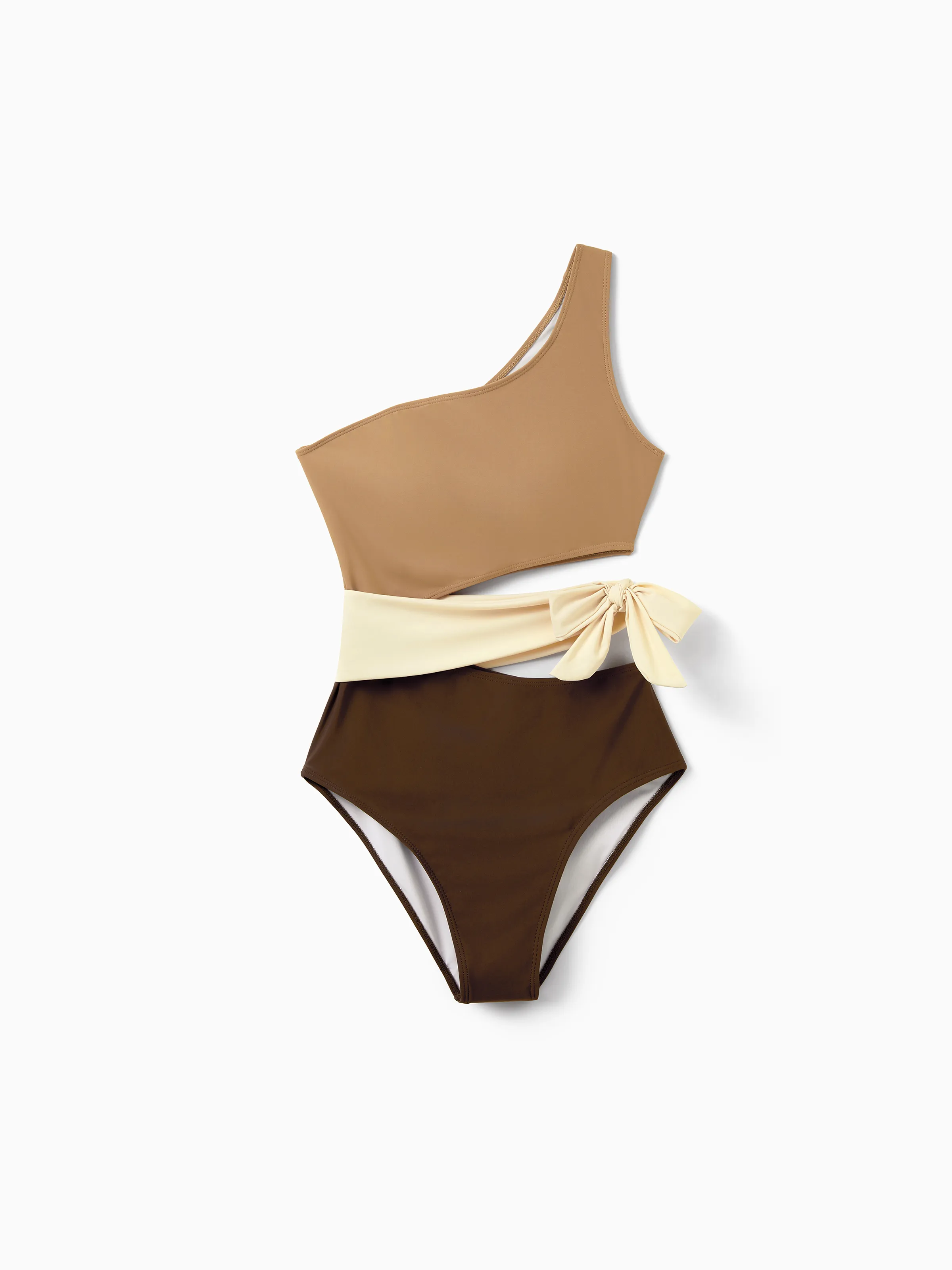 Mommy & me Color Block Swimsuits, Mommy and Me One-Shoulder Cutout Bikini Set Summer Beach Vacation Swimwear Coffee - Image 3