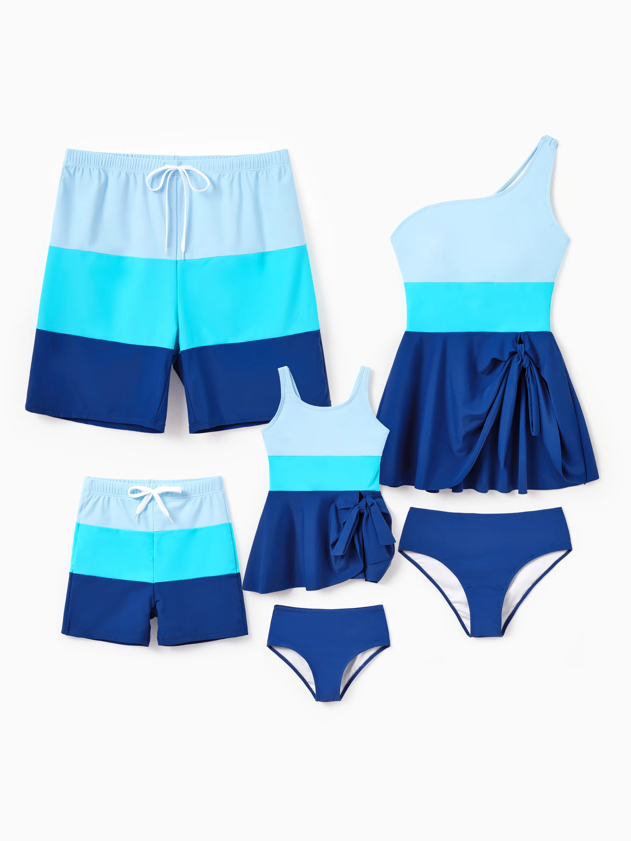 Mommy & me Color Block Swimsuits One Shoulder Swim Dress / Swim Trunks Set Blue - Image 2
