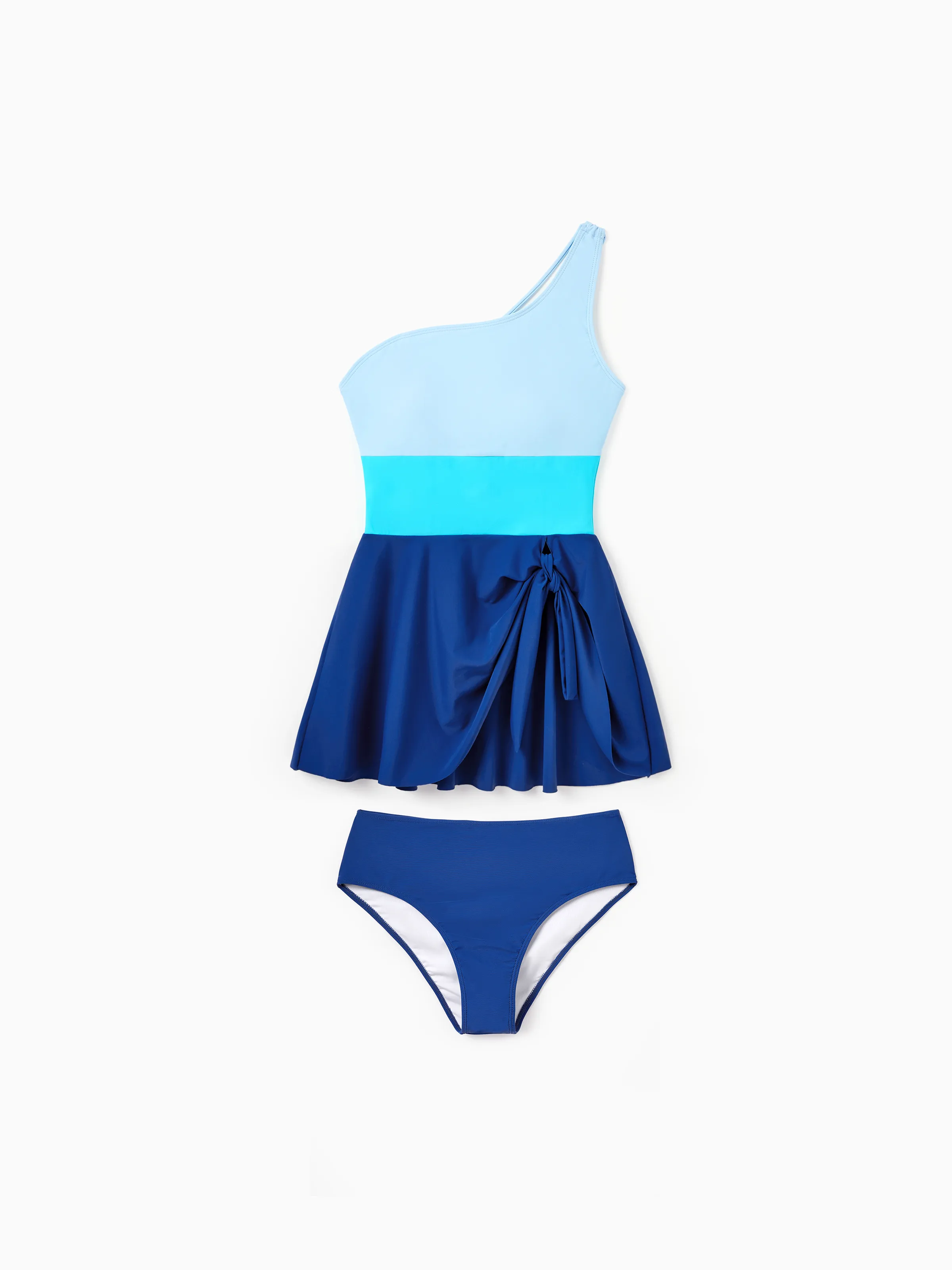 Mommy & me Color Block Swimsuits One Shoulder Swim Dress / Swim Trunks Set Blue - Image 3