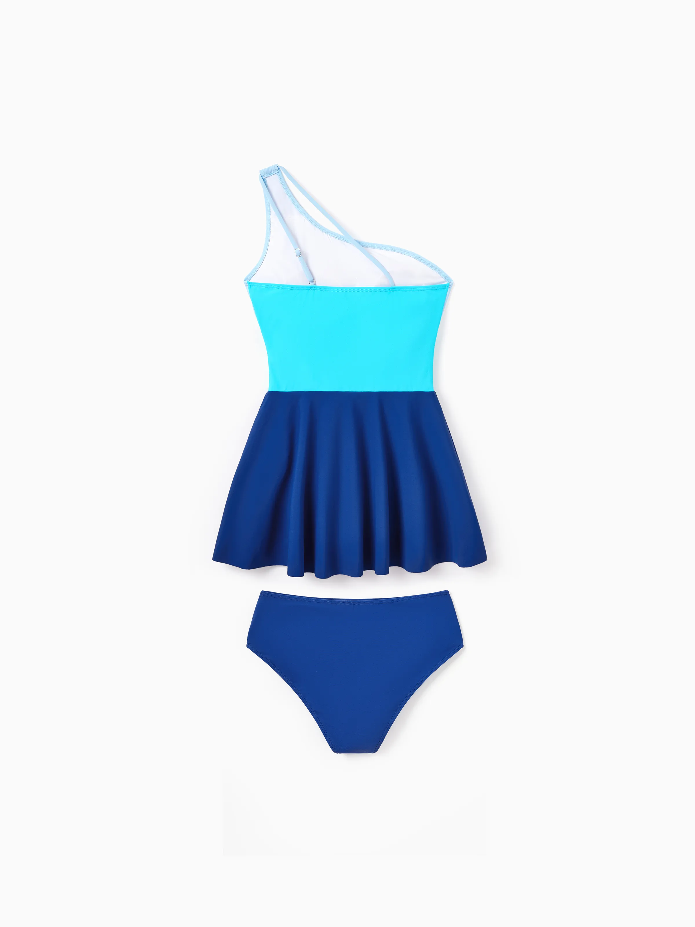 Mommy & me Color Block Swimsuits One Shoulder Swim Dress / Swim Trunks Set Blue - Image 4