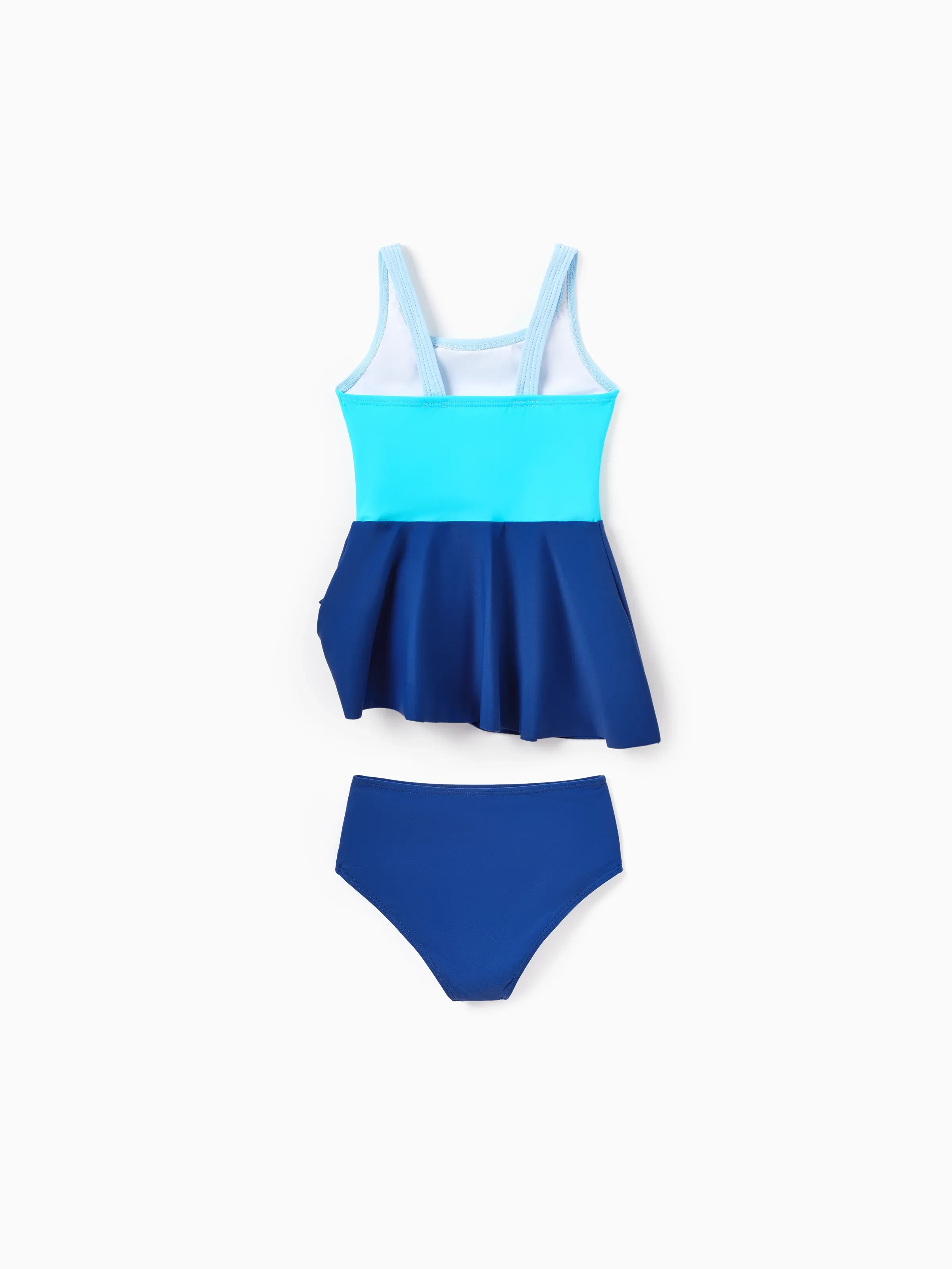 Mommy & me Color Block Swimsuits One Shoulder Swim Dress / Swim Trunks Set Blue - Image 9