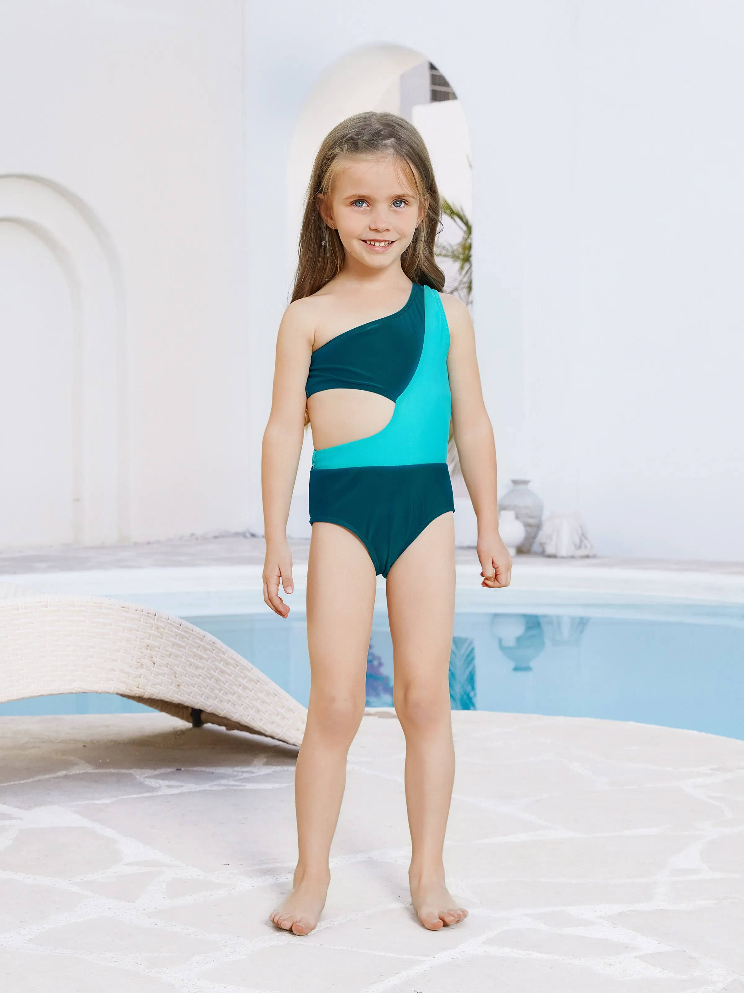 Mommy & me Colorblock One Shoulder Cut Out One-piece Swimsuit  DeepTurquoise - Image 8