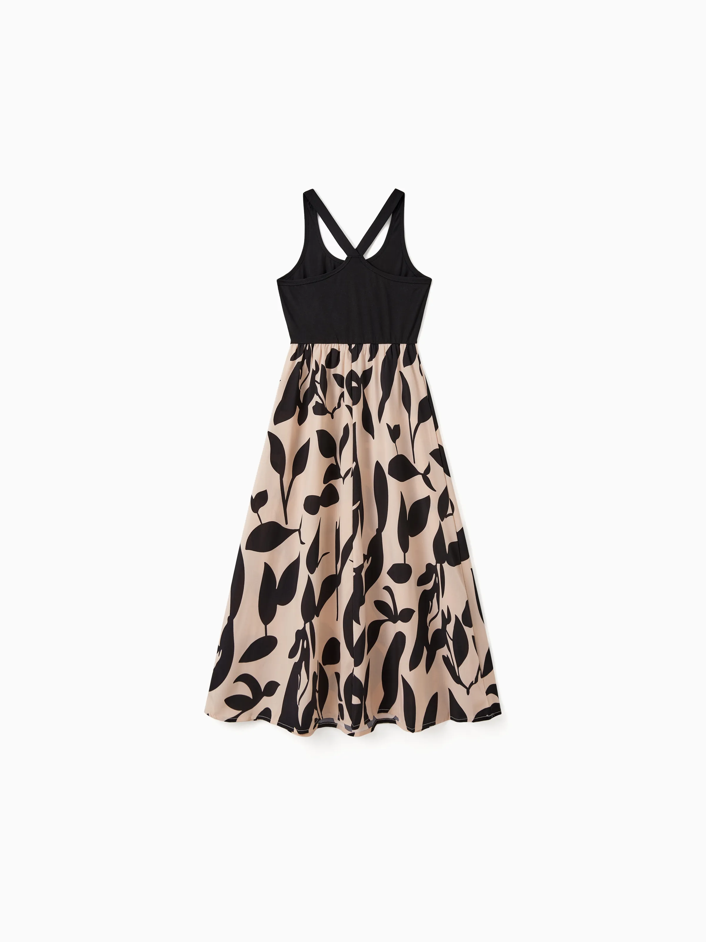 Mommy & me Cross Back Floral Strap Dress and Colorblock Top Sets Black - Image 3
