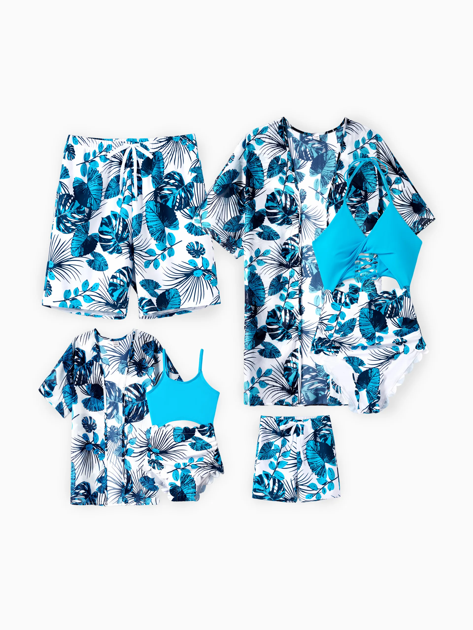 Mommy & me Drawstring Cut Out Lace UP Back One-Piece Swimsuit BLUEWHITE - Image 2