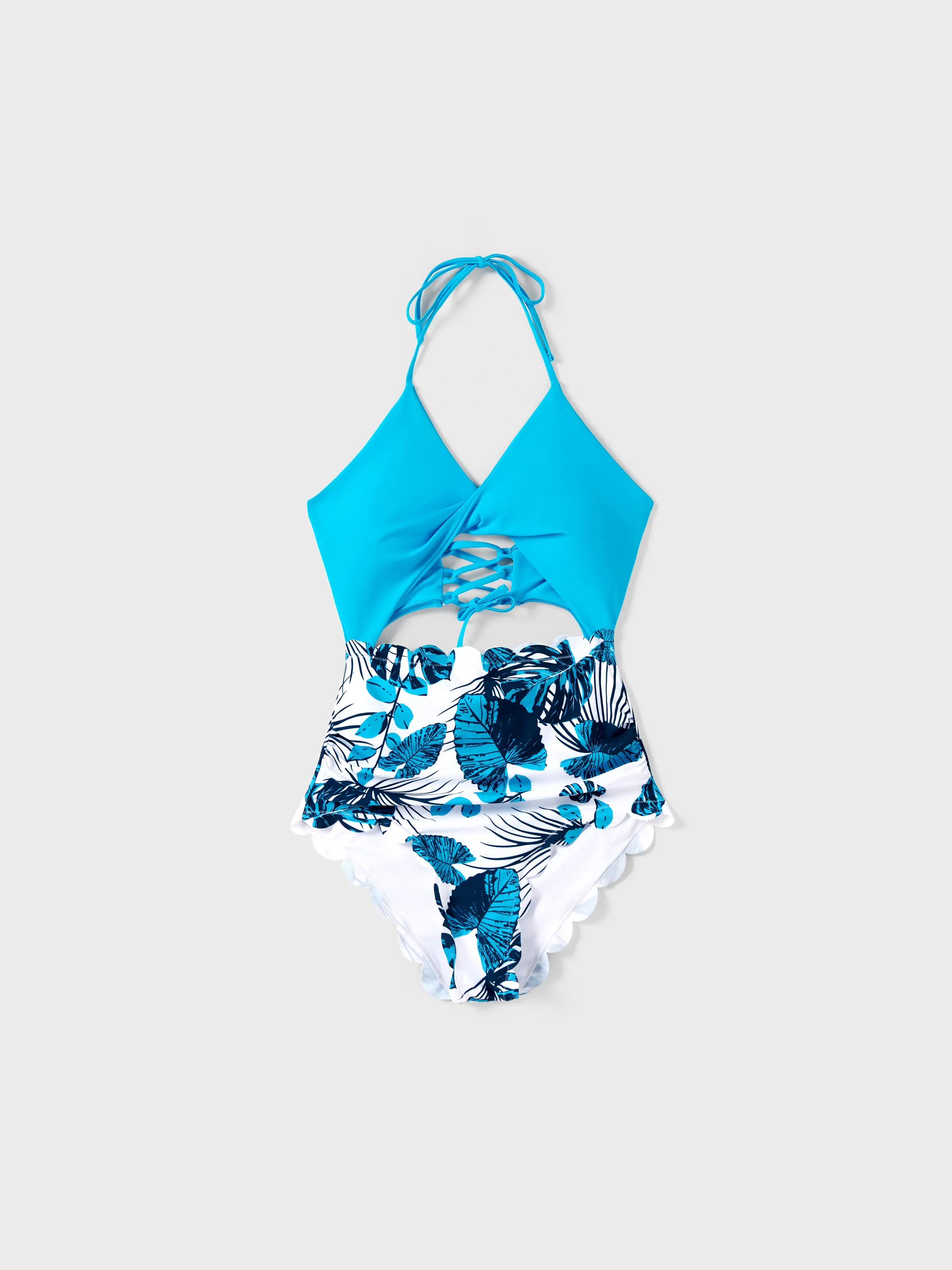 Mommy & me Drawstring Cut Out Lace UP Back One-Piece Swimsuit BLUEWHITE - Image 3