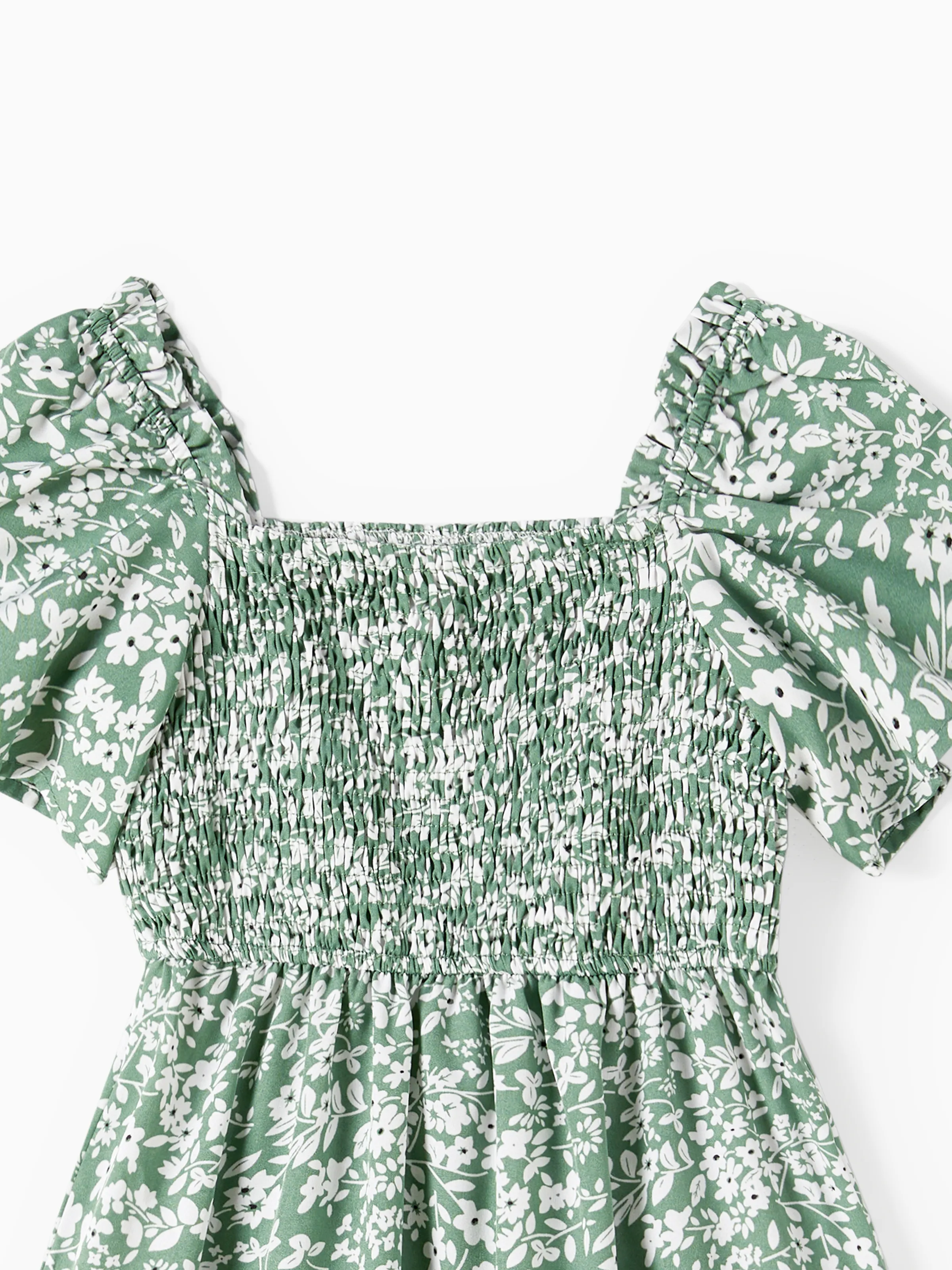 Mommy & me Elegant Broken Flower Matching Outfits for Family, Smocking Design, Medium Thickness Green - Image 11