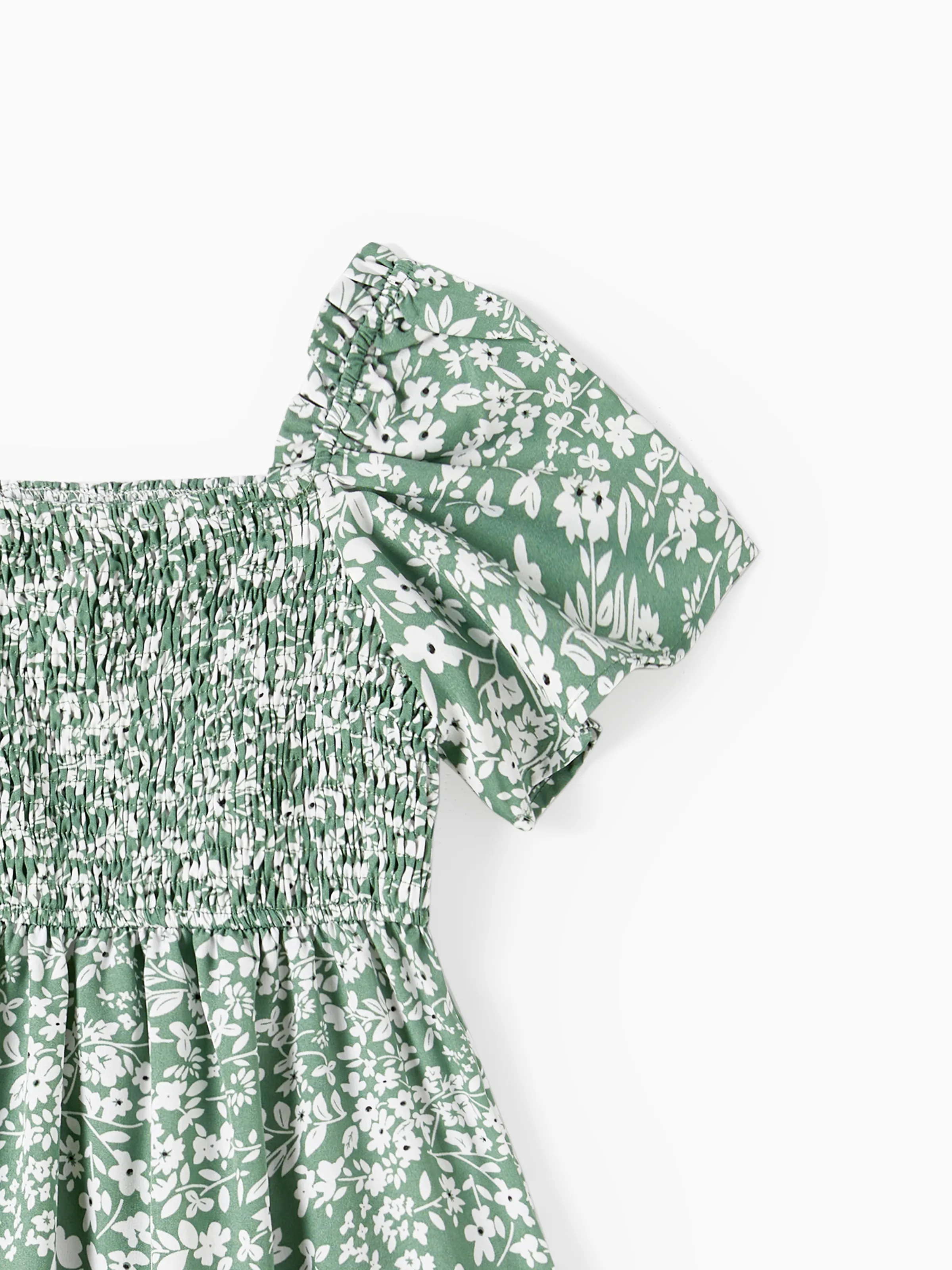 Mommy & me Elegant Broken Flower Matching Outfits for Family, Smocking Design, Medium Thickness Green - Image 12