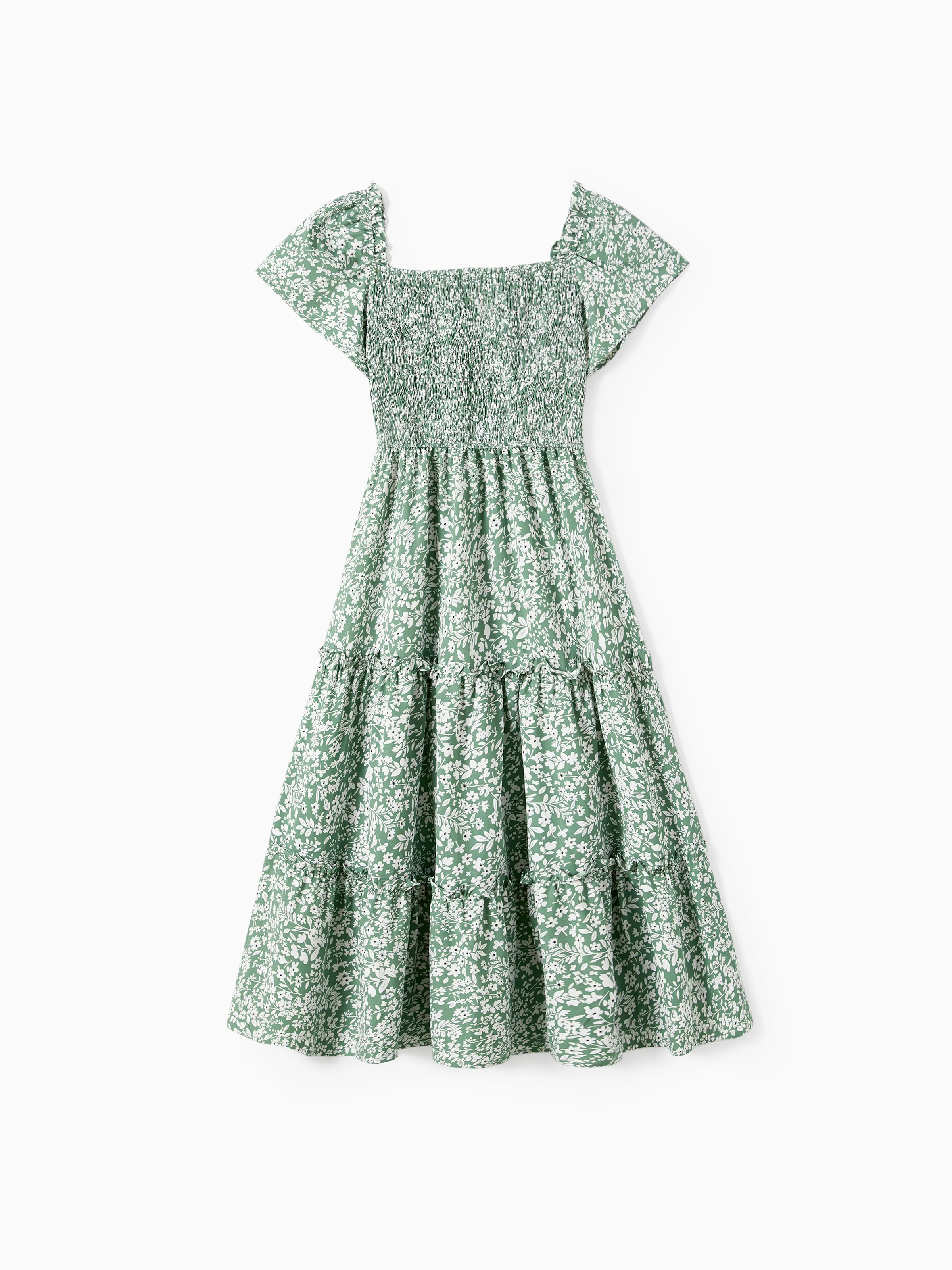 Mommy & me Elegant Broken Flower Matching Outfits for Family, Smocking Design, Medium Thickness Green - Image 3