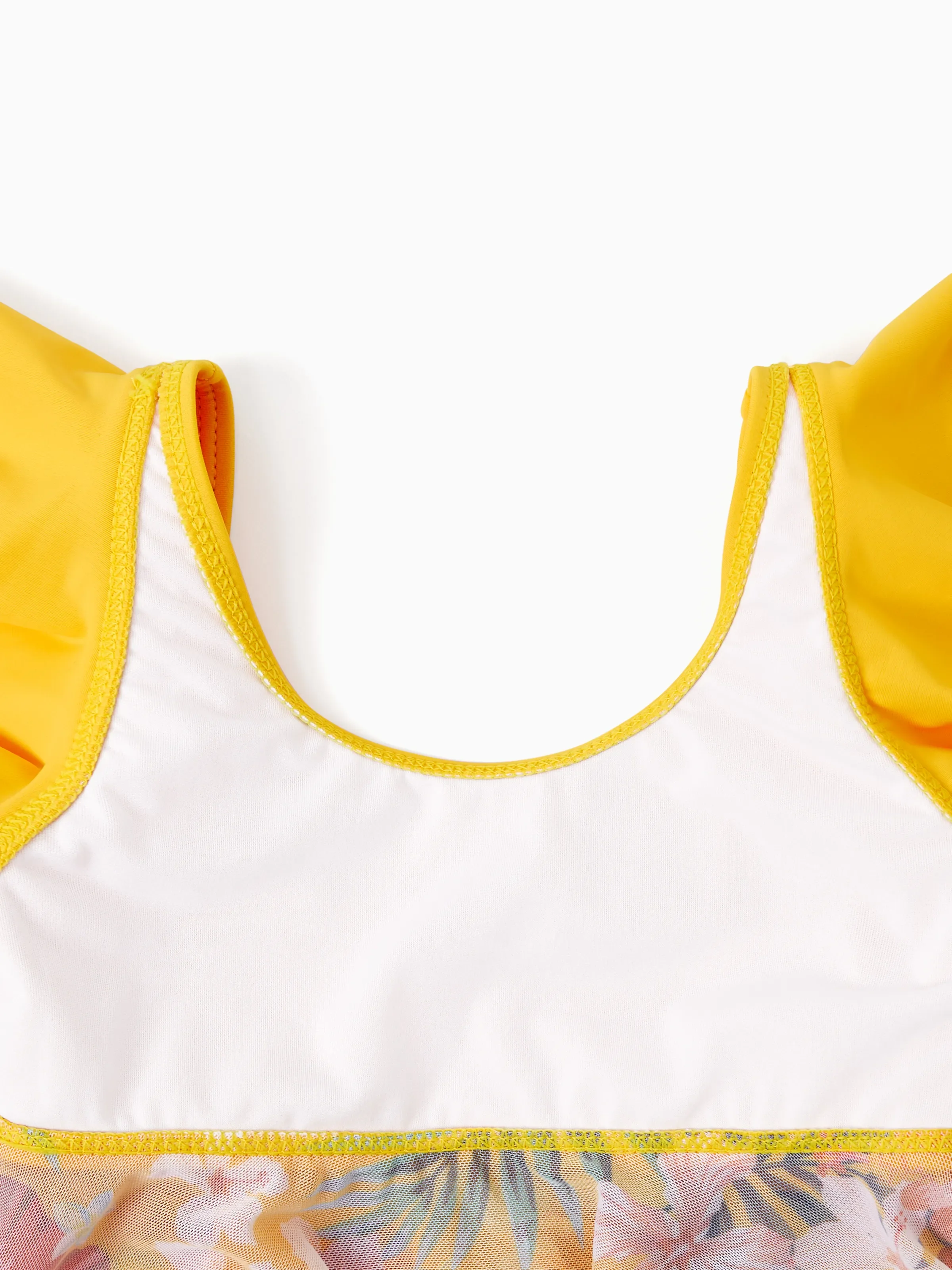 Mommy & me Floral Drawstring Flowy Spliced Mesh Swim Dress with Triangle Swim Bottom Yellow - Image 11