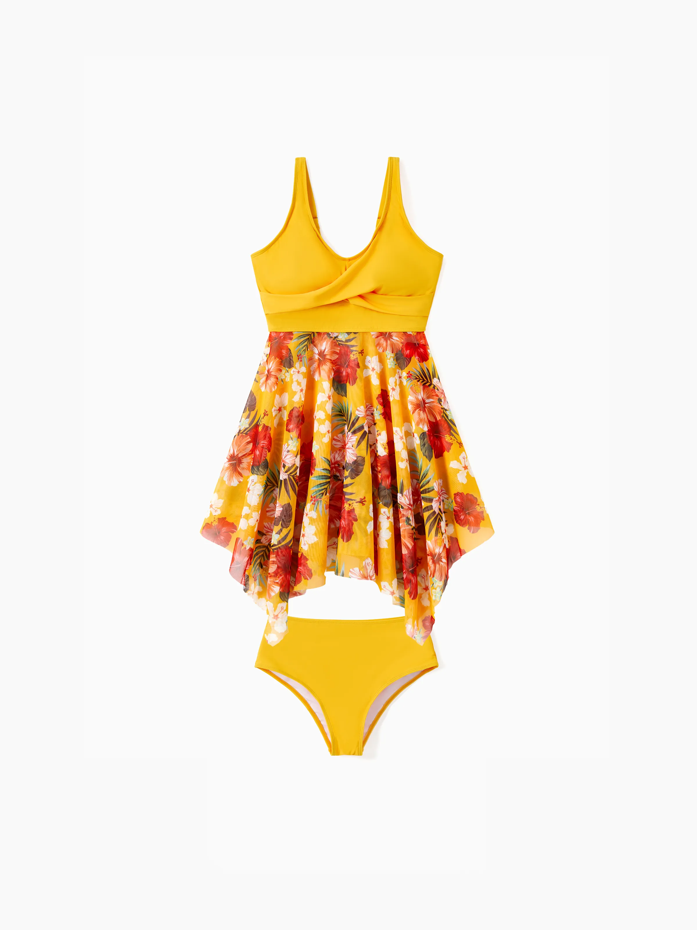 Mommy & me Floral Drawstring Flowy Spliced Mesh Swim Dress with Triangle Swim Bottom Yellow - Image 3
