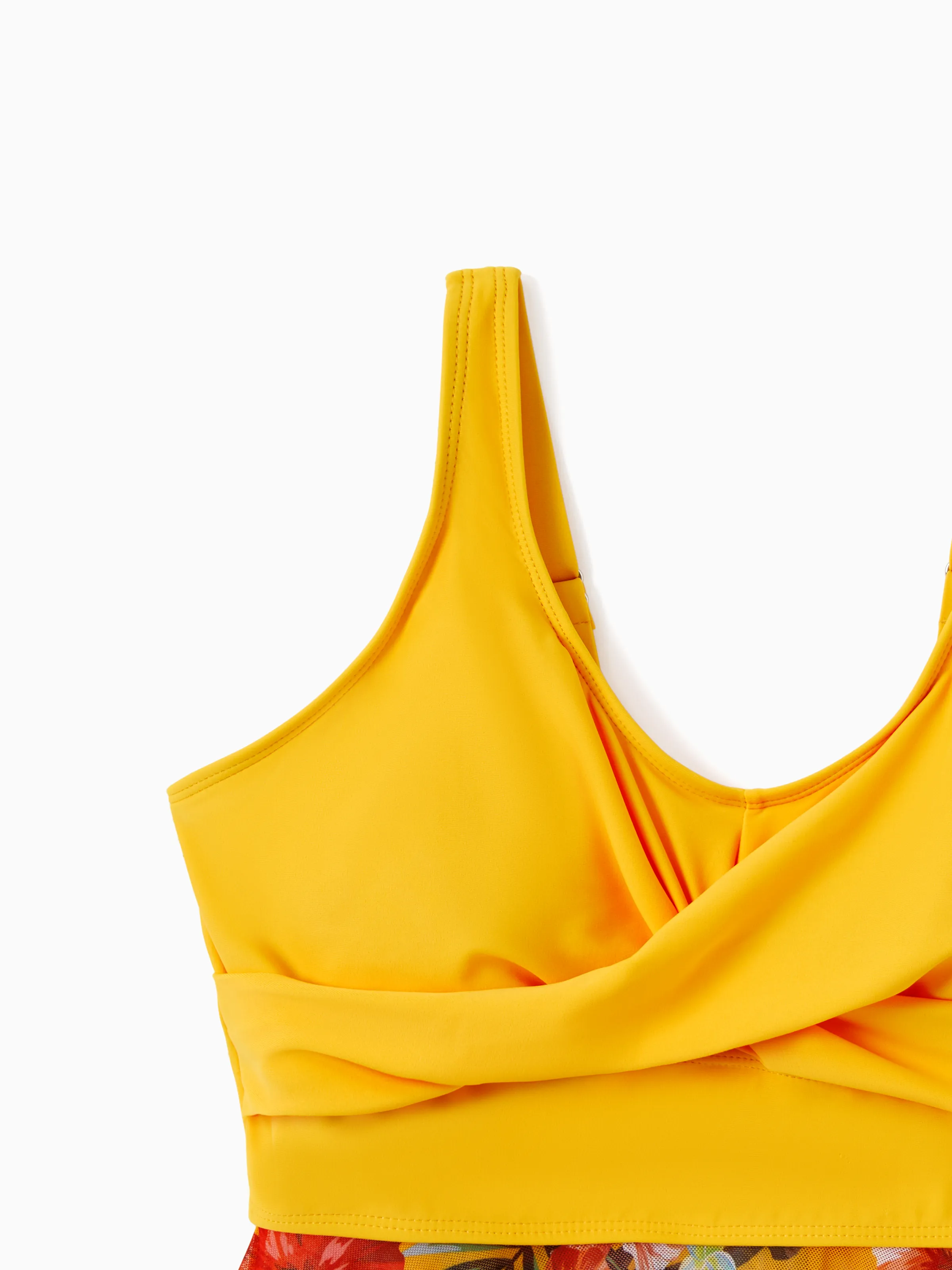 Mommy & me Floral Drawstring Flowy Spliced Mesh Swim Dress with Triangle Swim Bottom Yellow - Image 4