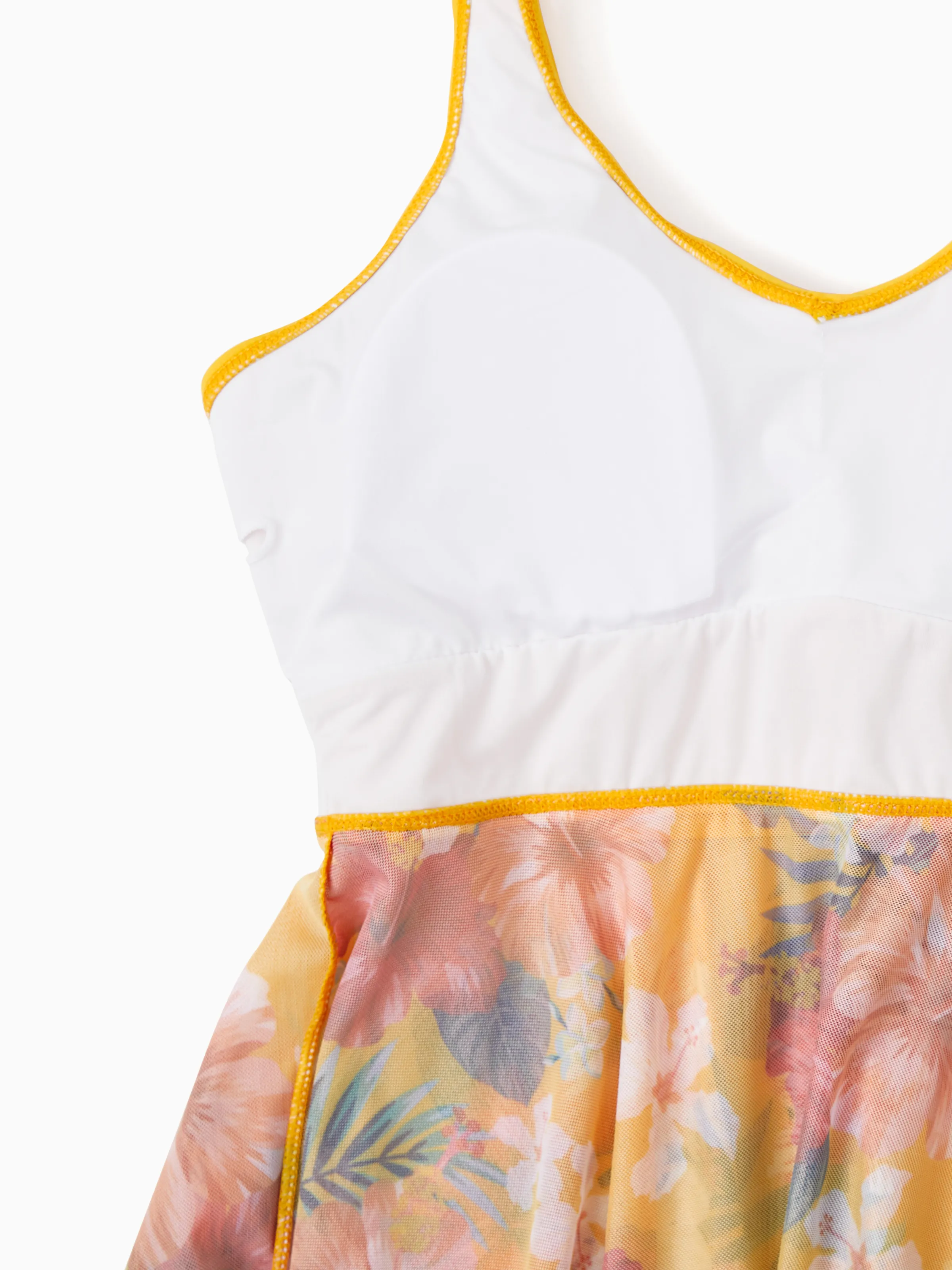 Mommy & me Floral Drawstring Flowy Spliced Mesh Swim Dress with Triangle Swim Bottom Yellow - Image 6