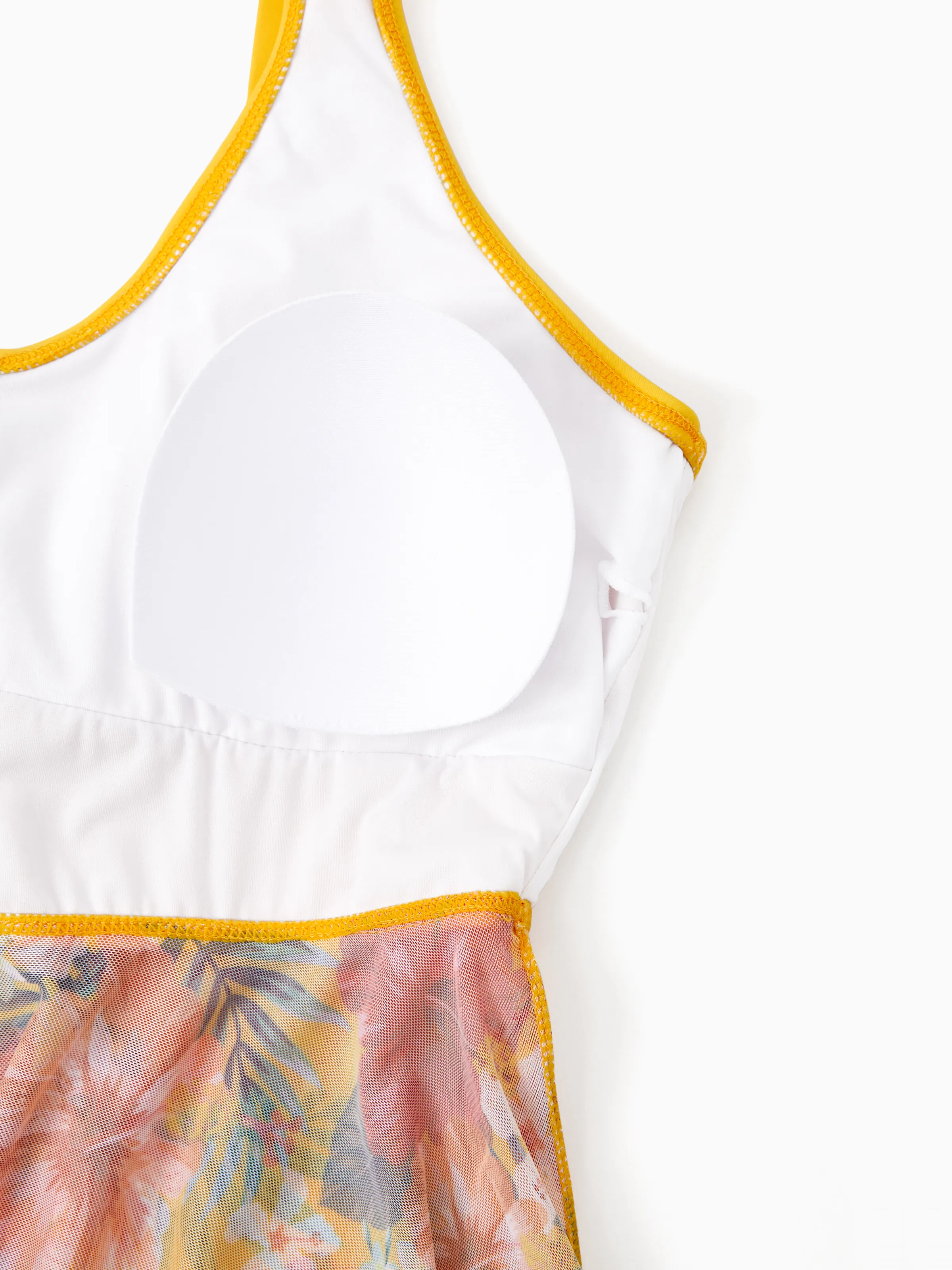 Mommy & me Floral Drawstring Flowy Spliced Mesh Swim Dress with Triangle Swim Bottom Yellow - Image 7
