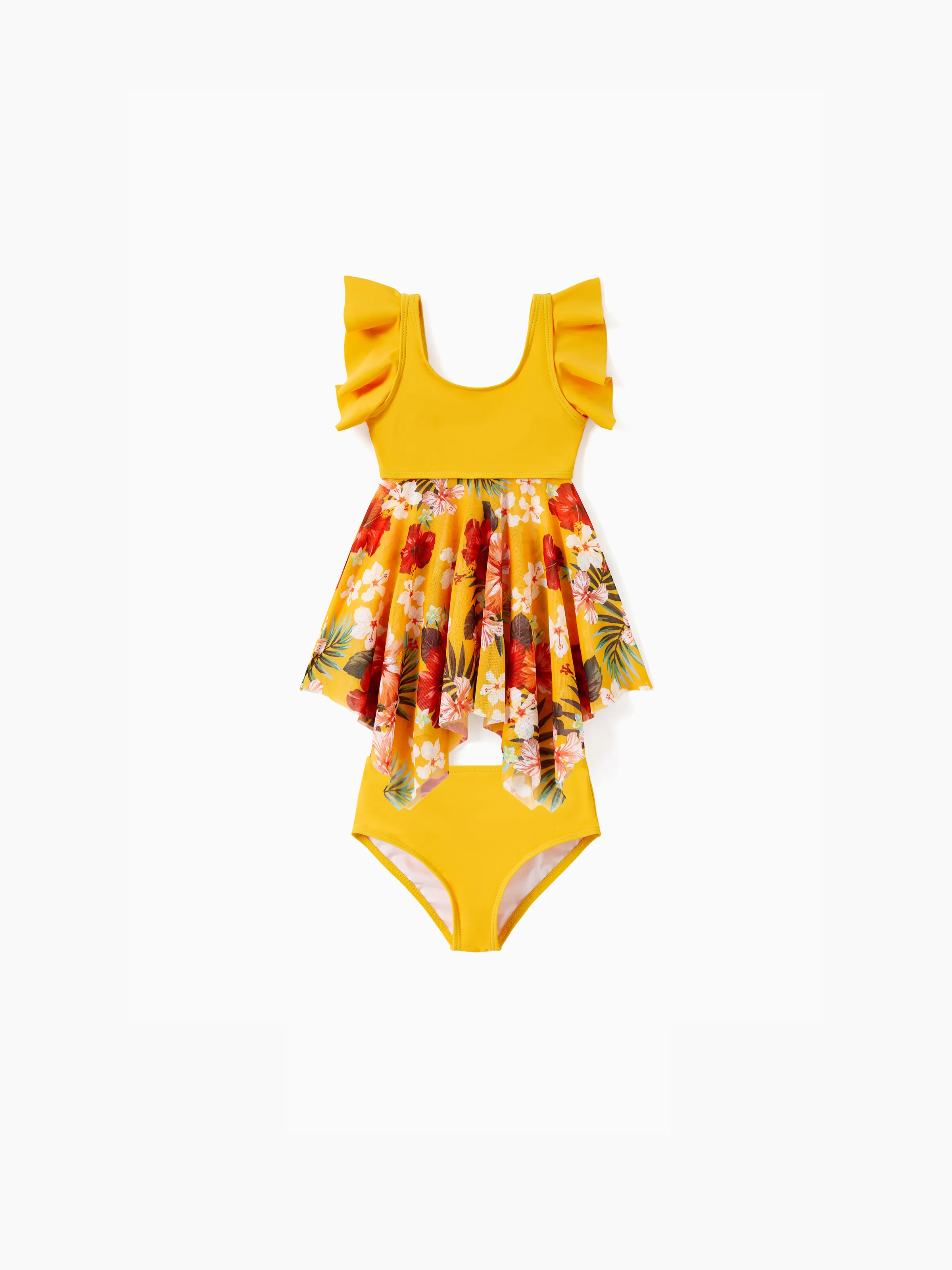 Mommy & me Floral Drawstring Flowy Spliced Mesh Swim Dress with Triangle Swim Bottom Yellow - Image 8