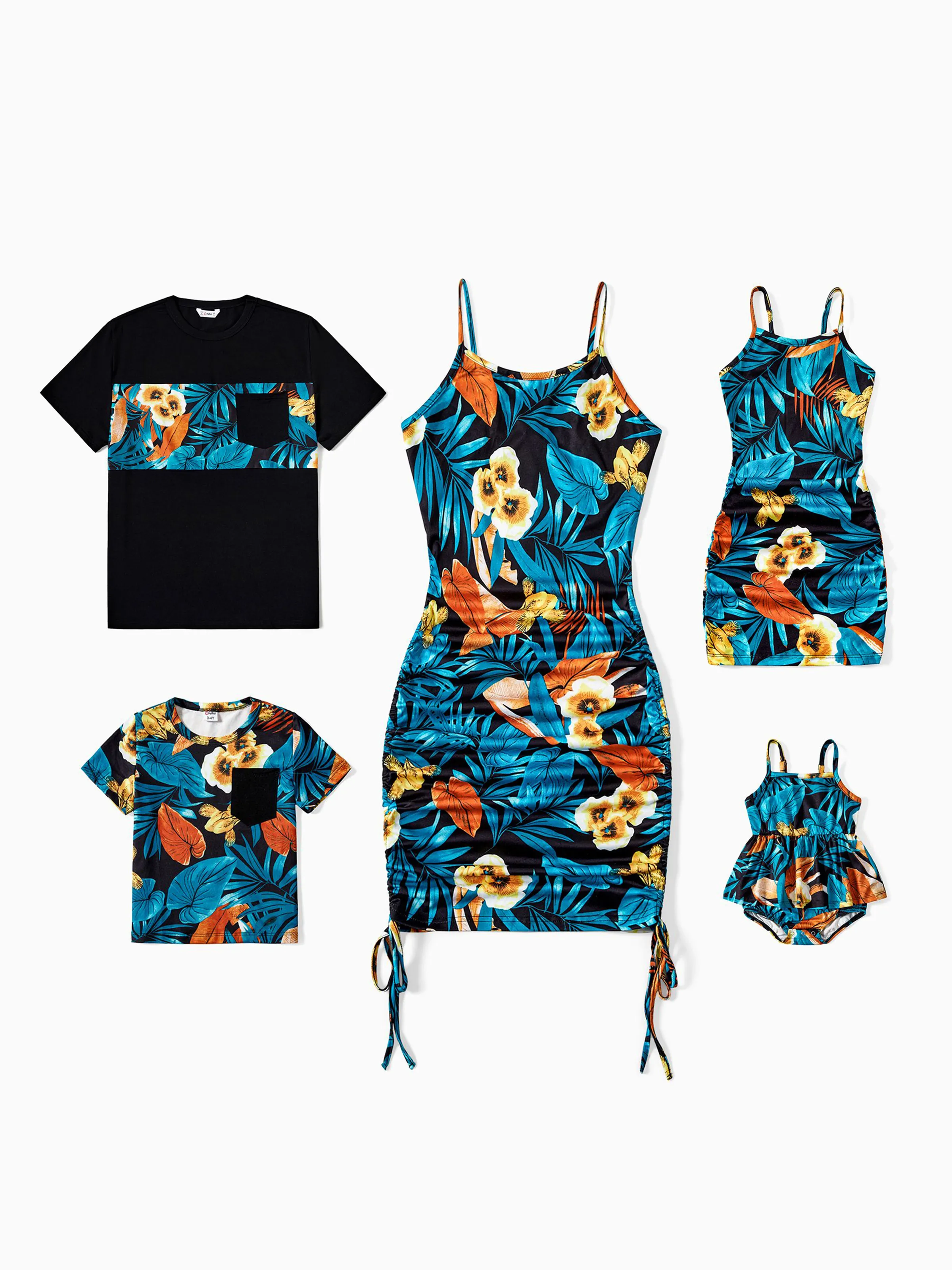 Mommy & me Floral Ruched Drawstring Side Strap Dress Sets Black - Image 2