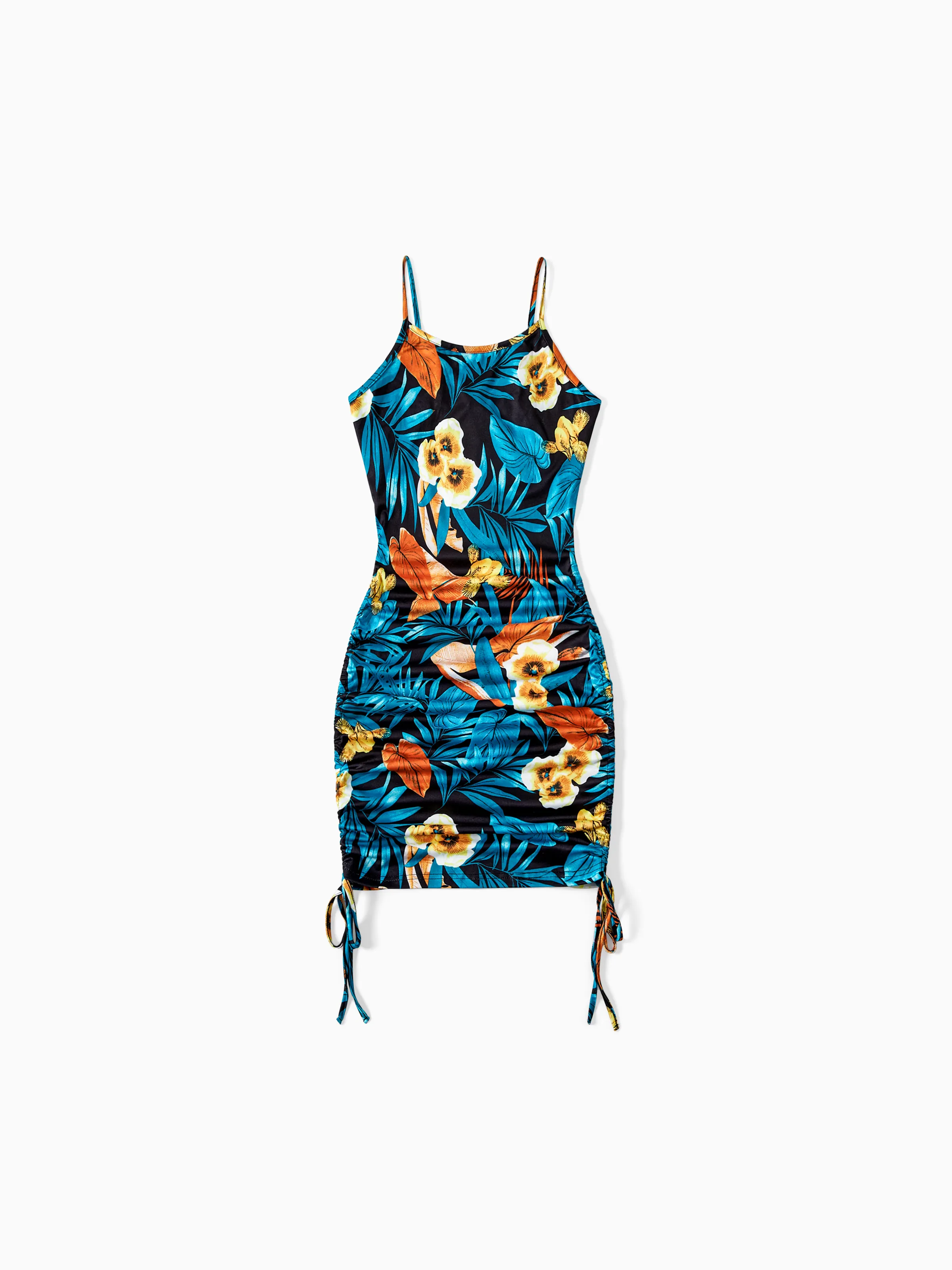Mommy & me Floral Ruched Drawstring Side Strap Dress Sets Black - Image 3