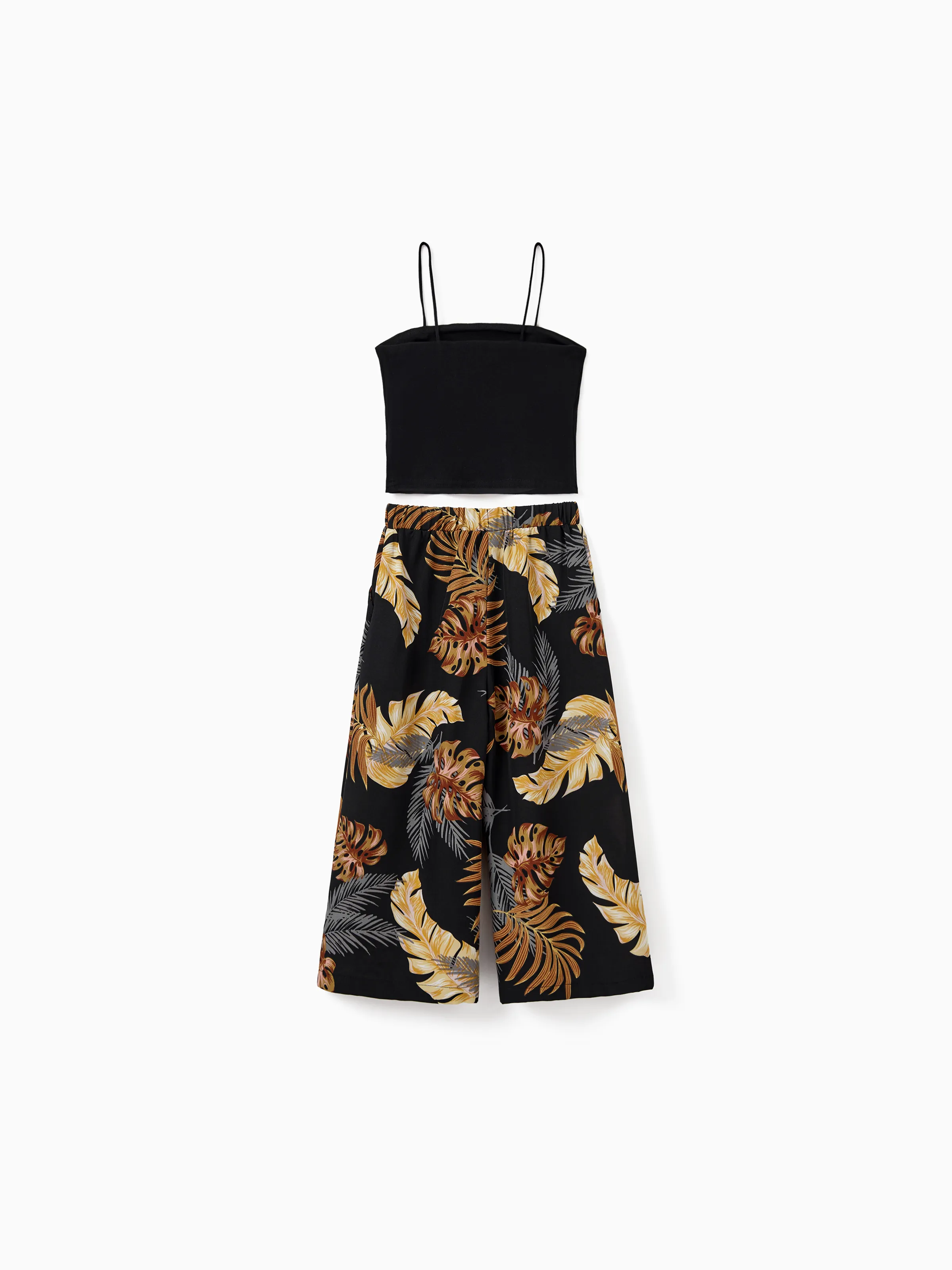 Mommy & me Floral Print Beach Wear Camisole top and Wide-Leg Pants Set for Summer Vacation Family Looks Black+White - Image 14