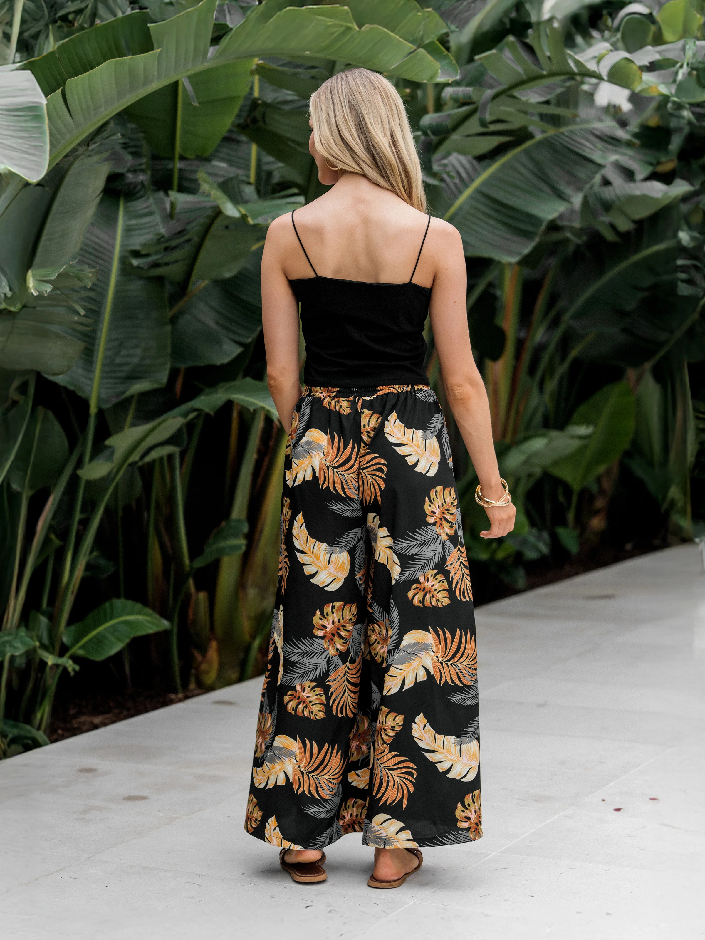Mommy & me Floral Print Beach Wear Camisole top and Wide-Leg Pants Set for Summer Vacation Family Looks Black+White - Image 5