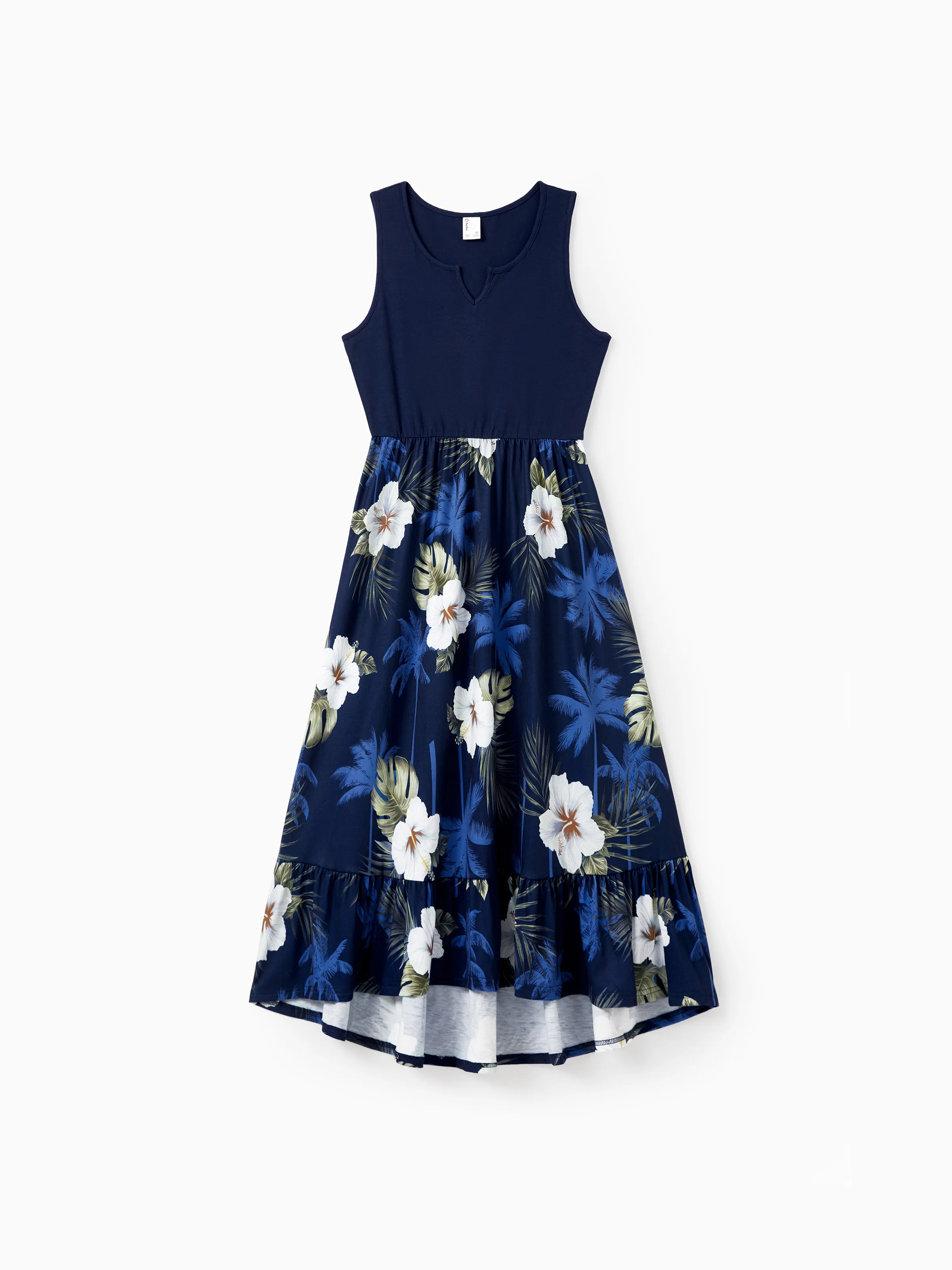 Mommy & me Floral Print Splicing Sleeveless Tank Dress Deep Blue - Image 3