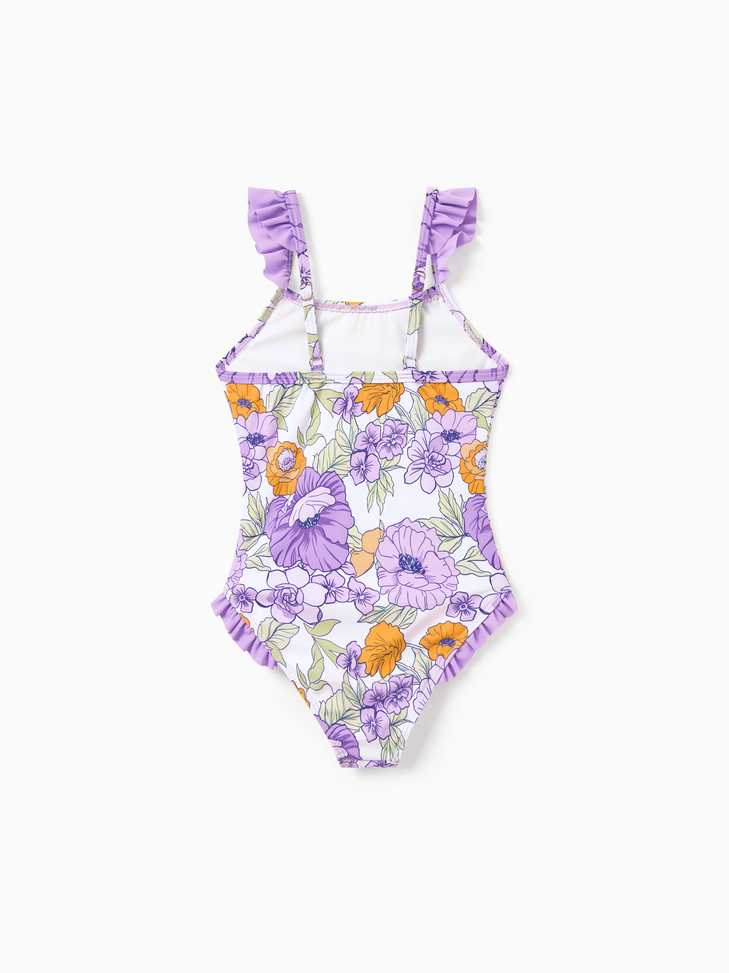 Mommy & me Floral Print Swimsuits Ruffled One-Piece Bathing Suit & Swim Trunks Set Purple - Image 13