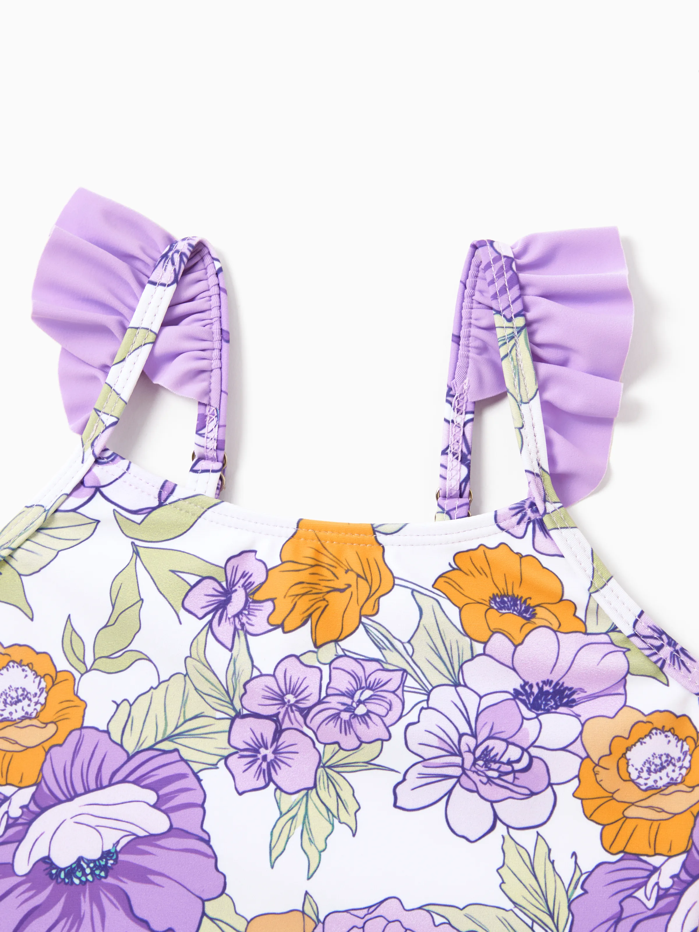 Mommy & me Floral Print Swimsuits Ruffled One-Piece Bathing Suit & Swim Trunks Set Purple - Image 14