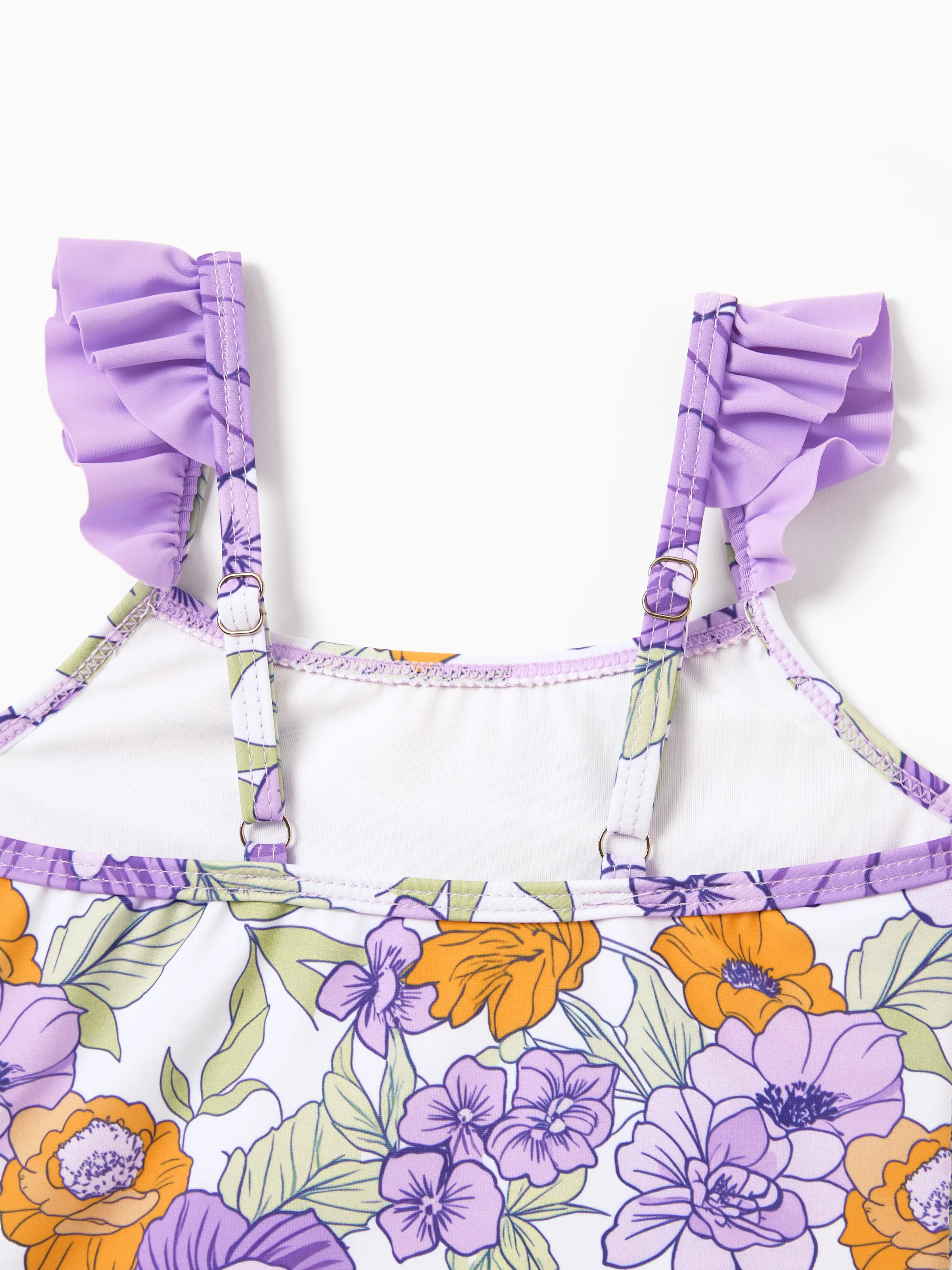 Mommy & me Floral Print Swimsuits Ruffled One-Piece Bathing Suit & Swim Trunks Set Purple - Image 15