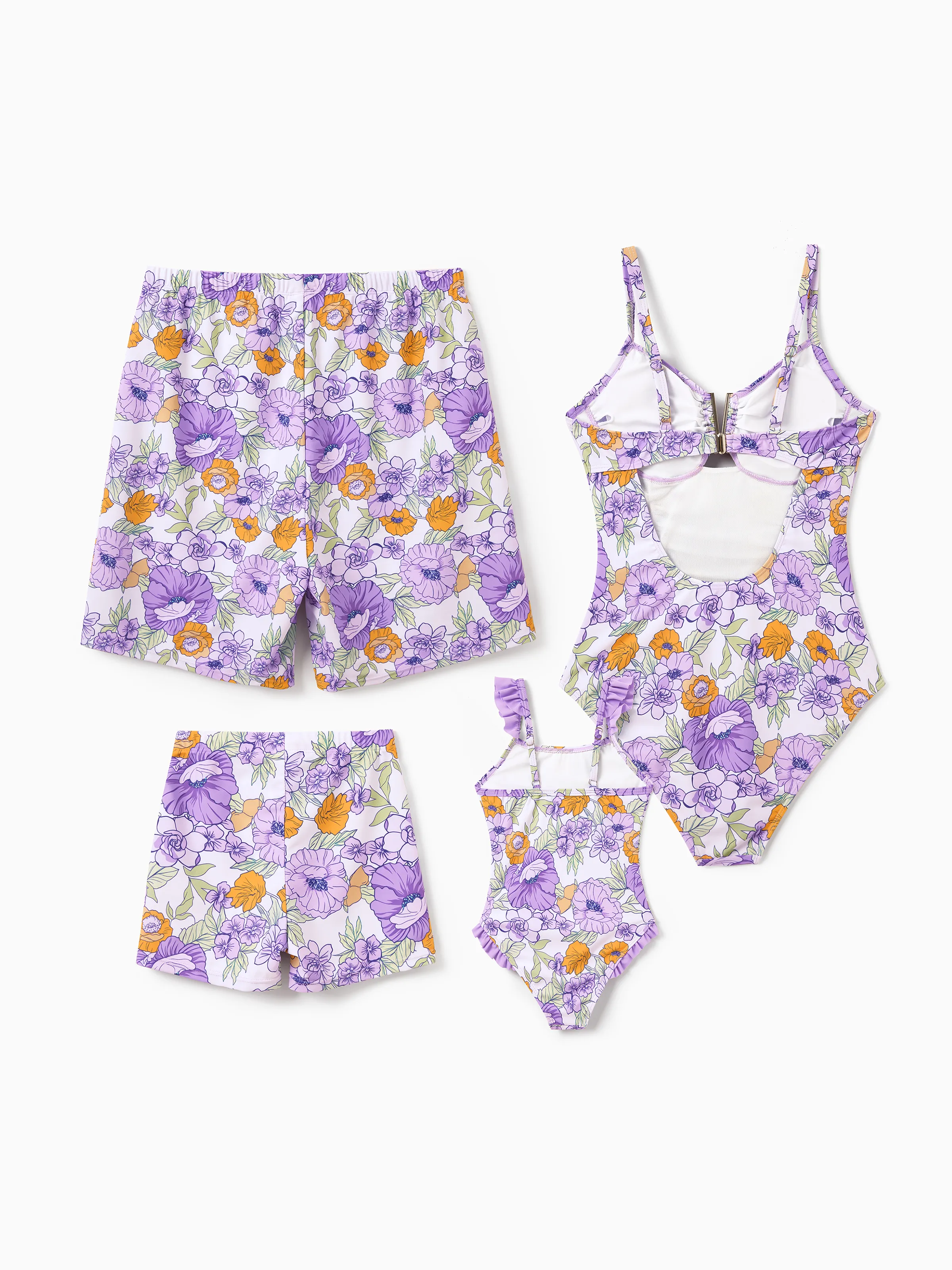 Mommy & me Floral Print Swimsuits Ruffled One-Piece Bathing Suit & Swim Trunks Set Purple - Image 3