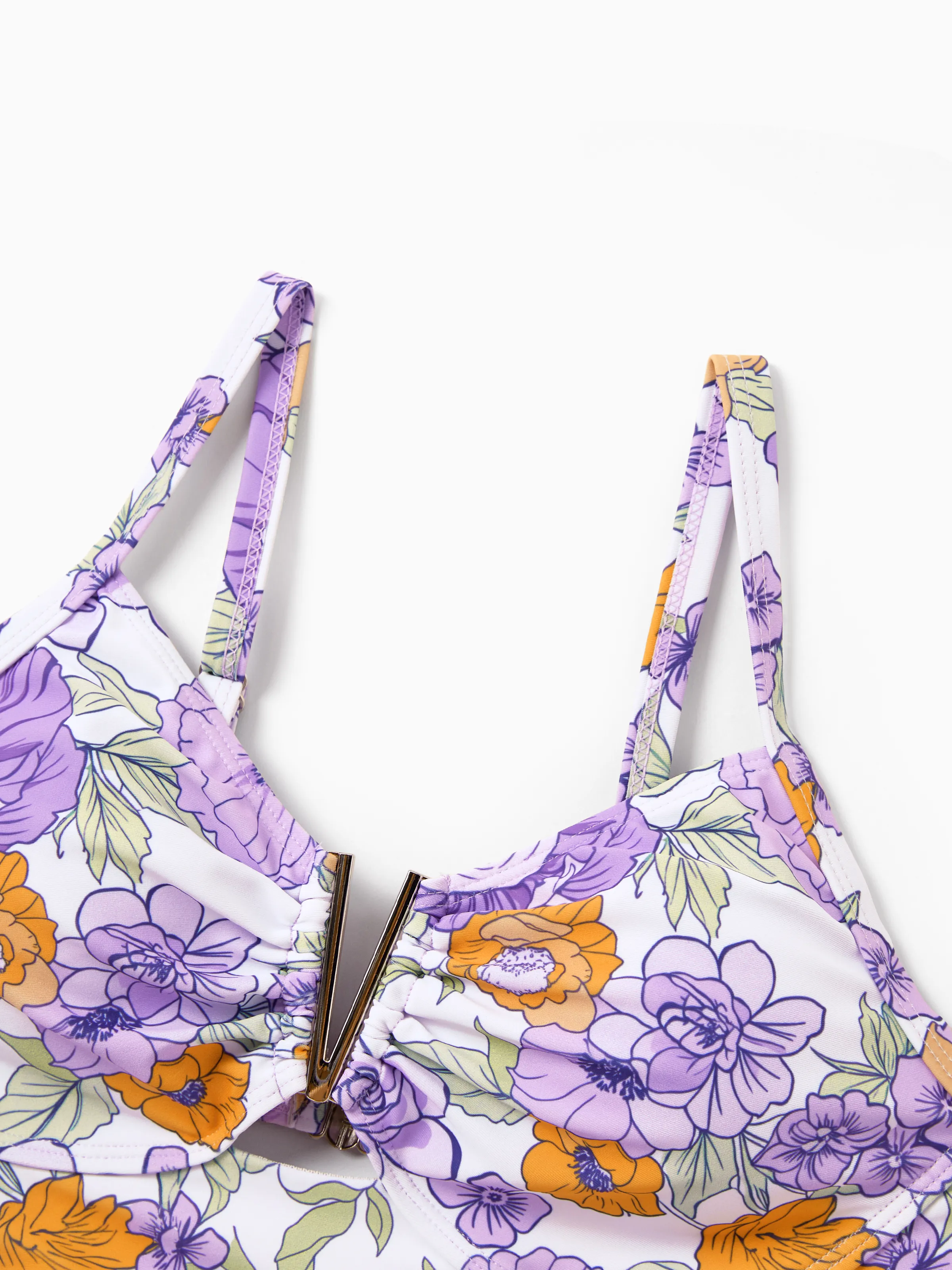 Mommy & me Floral Print Swimsuits Ruffled One-Piece Bathing Suit & Swim Trunks Set Purple - Image 9
