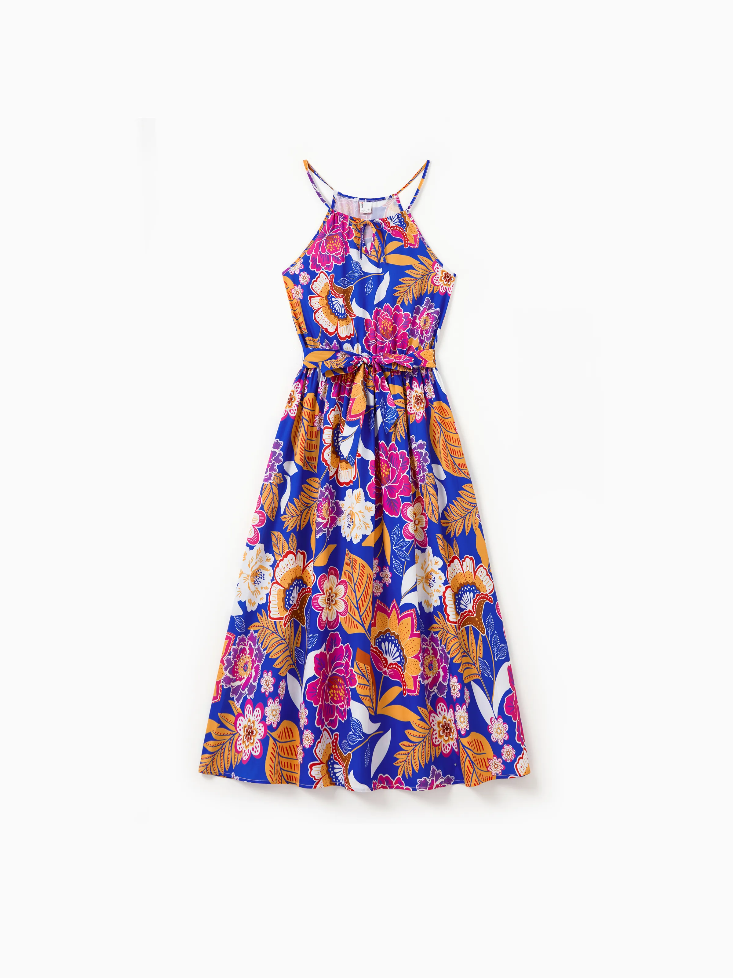 Mommy & me Hawaiian Outfits Tropical Floral Print Vacation Clothes Strap Belted Dress Navy - Image 3