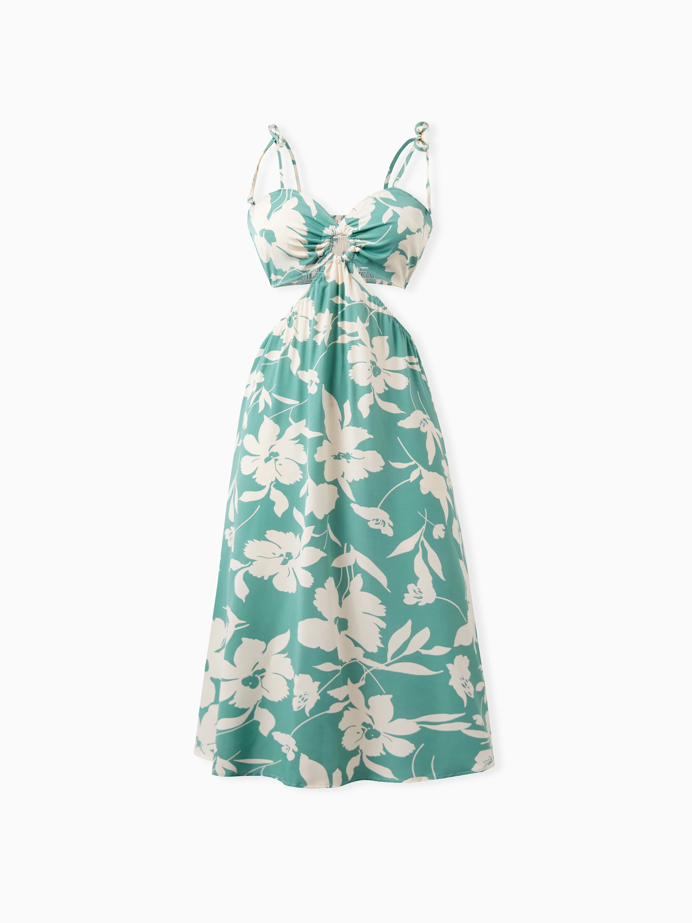Mommy & me Leaf Print Green Sling Shirred Dress Set Green - Image 3