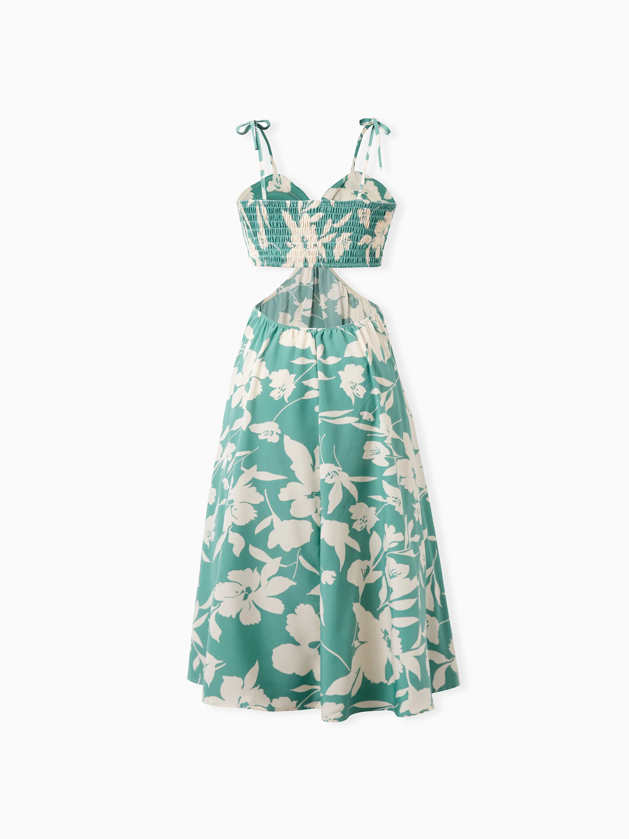Mommy & me Leaf Print Green Sling Shirred Dress Set Green - Image 4