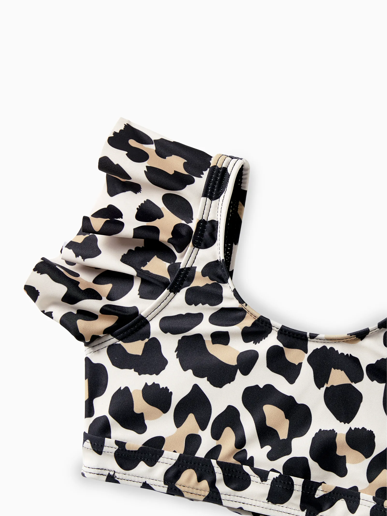 Mommy & me Leopard Pattern Drawstring Ruffle Neck Two-Piece Bikini with Optional Cover Up Sarong Skirt Black - Image 10