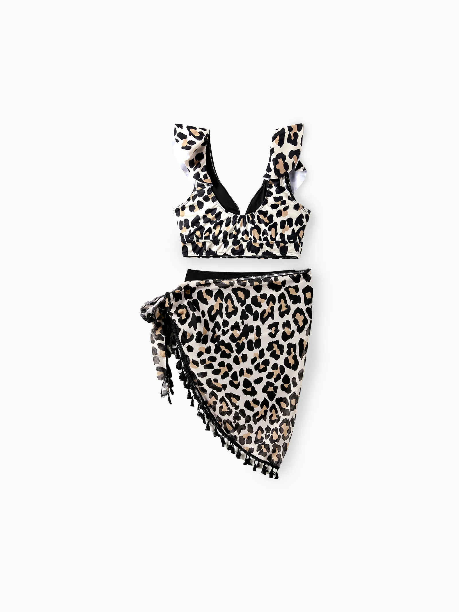 Mommy & me Leopard Pattern Drawstring Ruffle Neck Two-Piece Bikini with Optional Cover Up Sarong Skirt Black - Image 4