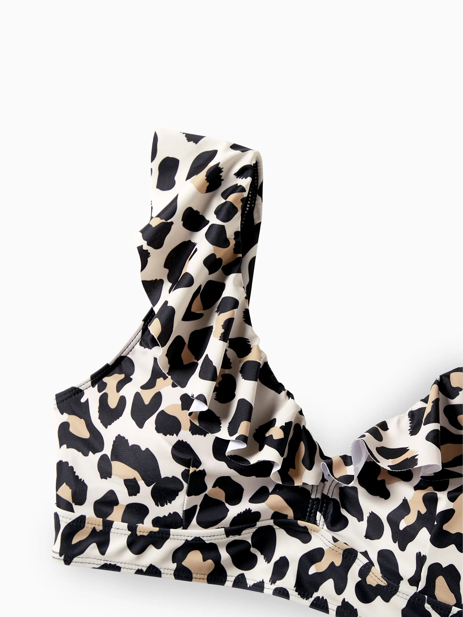 Mommy & me Leopard Pattern Drawstring Ruffle Neck Two-Piece Bikini with Optional Cover Up Sarong Skirt Black - Image 6