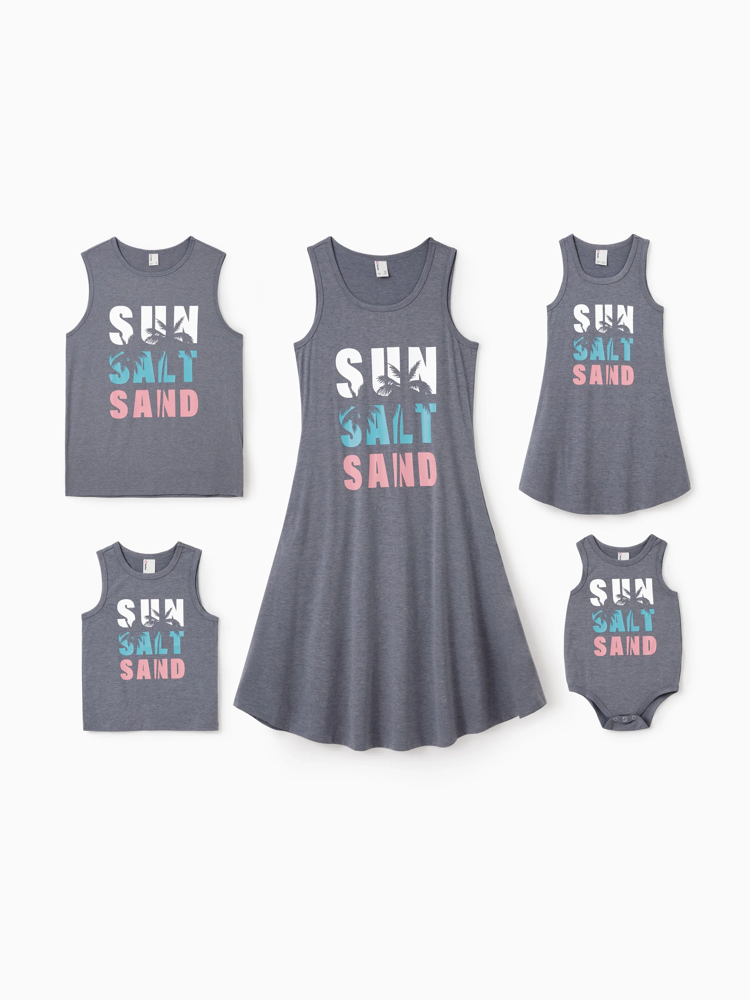 Mommy & me Letter Print Sleeveless Tank Dress Set Grey - Image 2