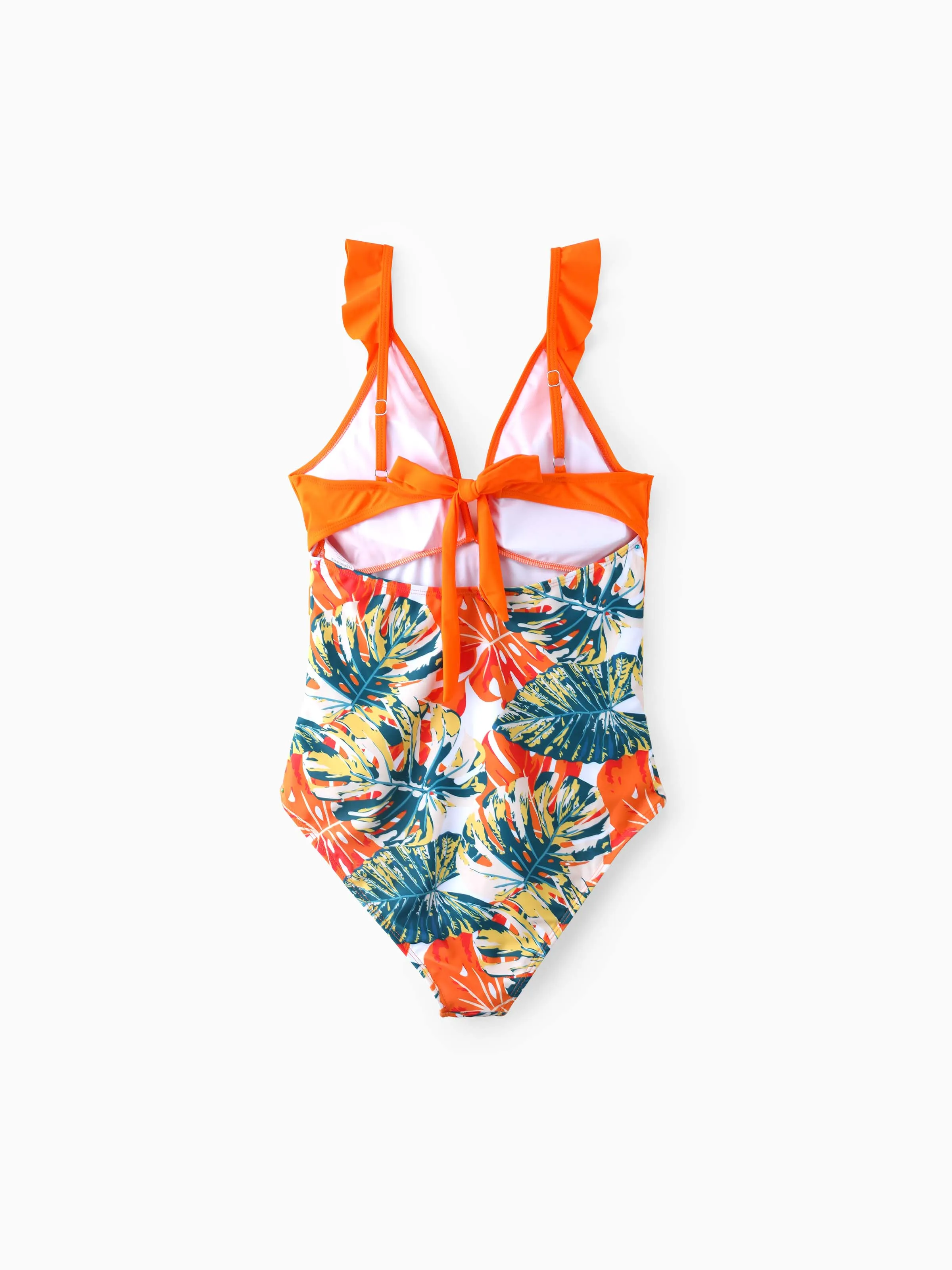 Mommy & me Orange and All Over Tropical Plant Print Splicing Ruffle One-Piece Swimsuit Orange color - Image 4