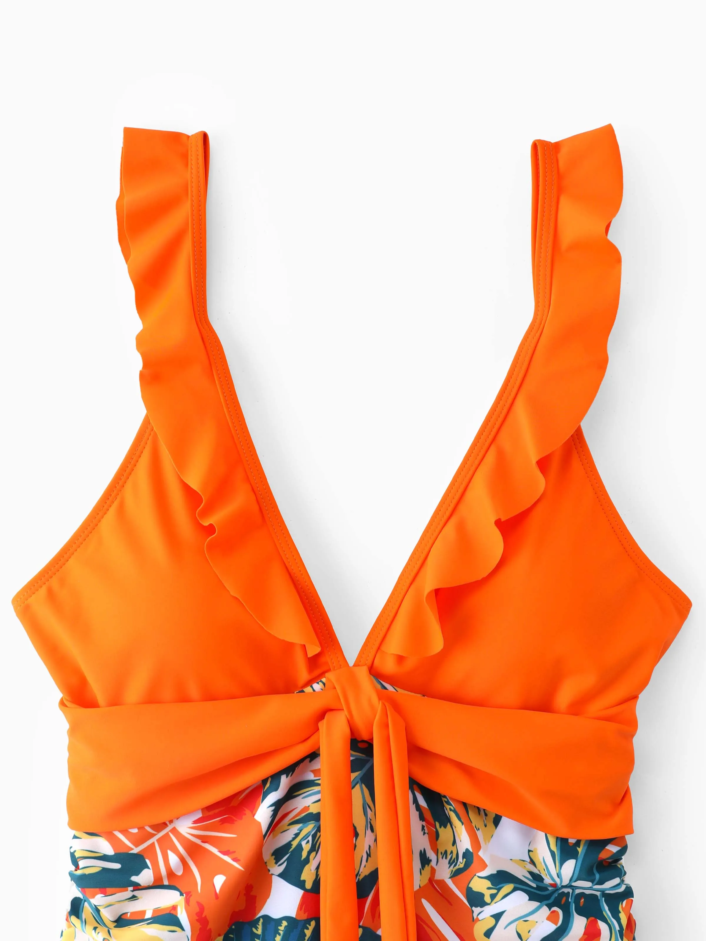 Mommy & me Orange and All Over Tropical Plant Print Splicing Ruffle One-Piece Swimsuit Orange color - Image 5